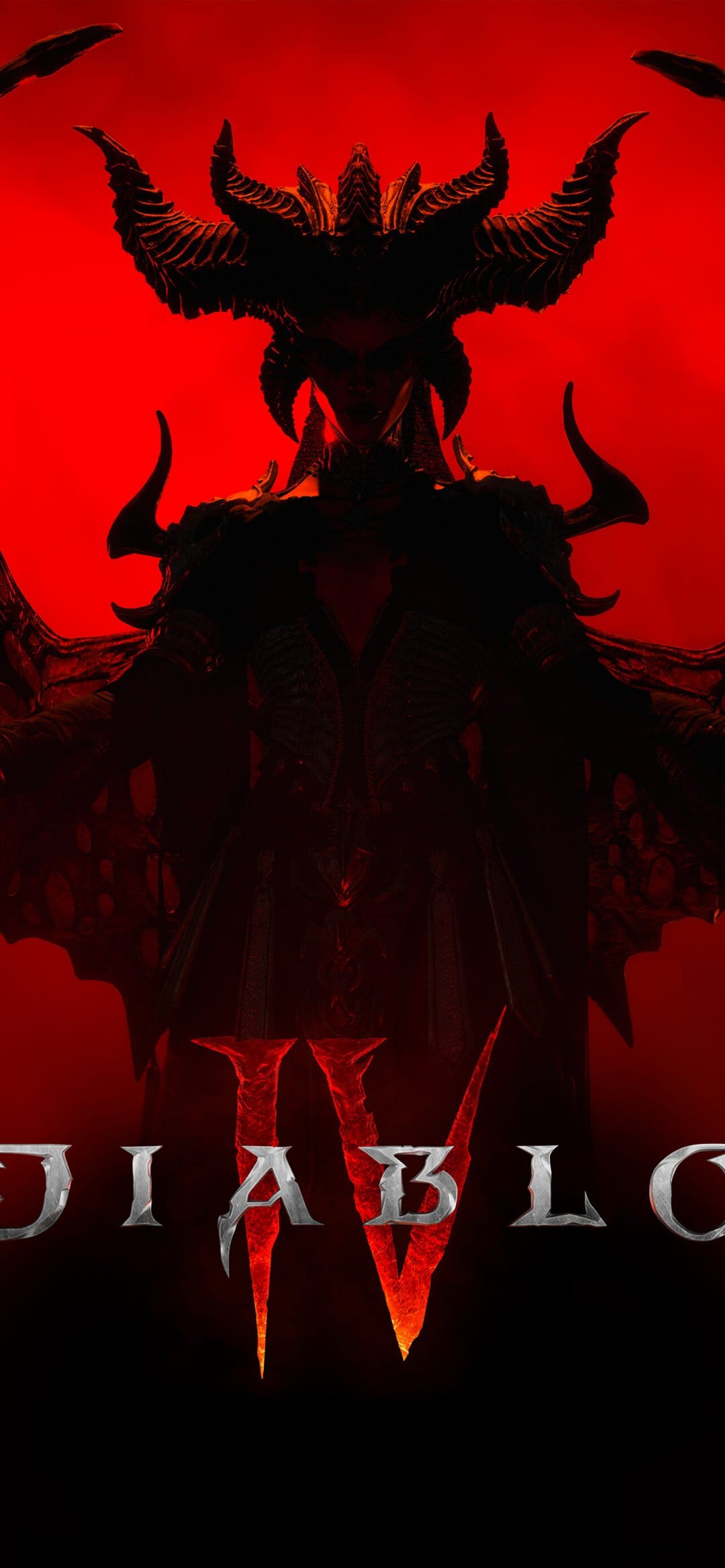 Lilith from Diablo IV with large horns and black armor centered against a red background with a glowing orange logo.