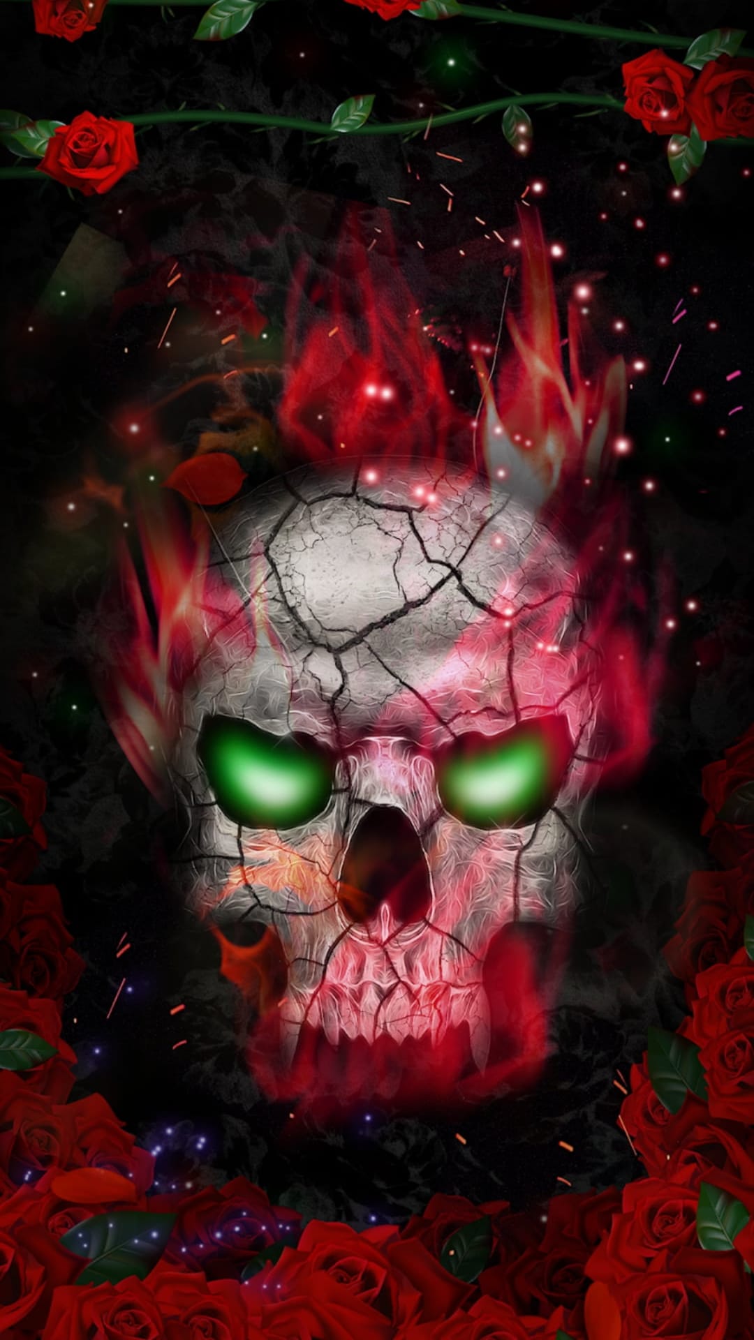 Cracked skull with glowing green eyes and red flames surrounded by thorny roses for a mobile screen backdrop.
