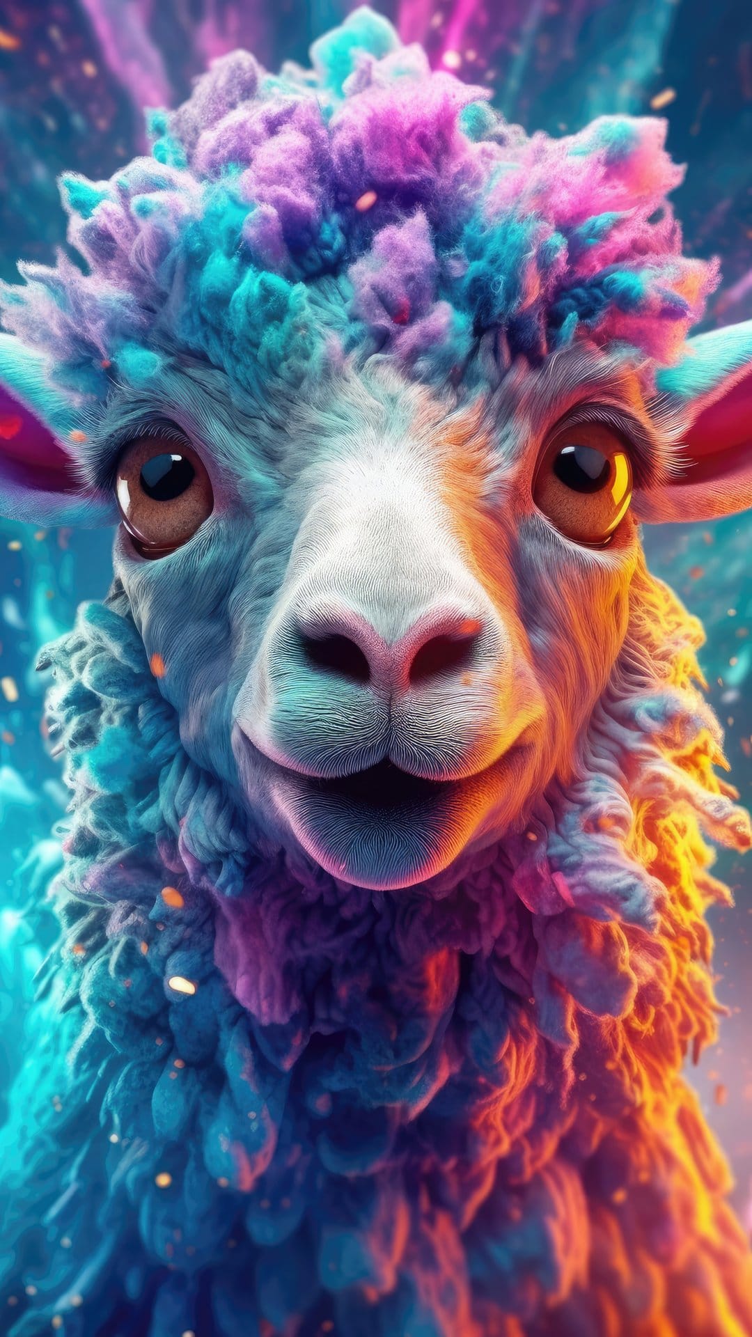 Llama with multicolored blue and pink wool smiles in front of a sparkling purple nebula and starry space backdrop.
