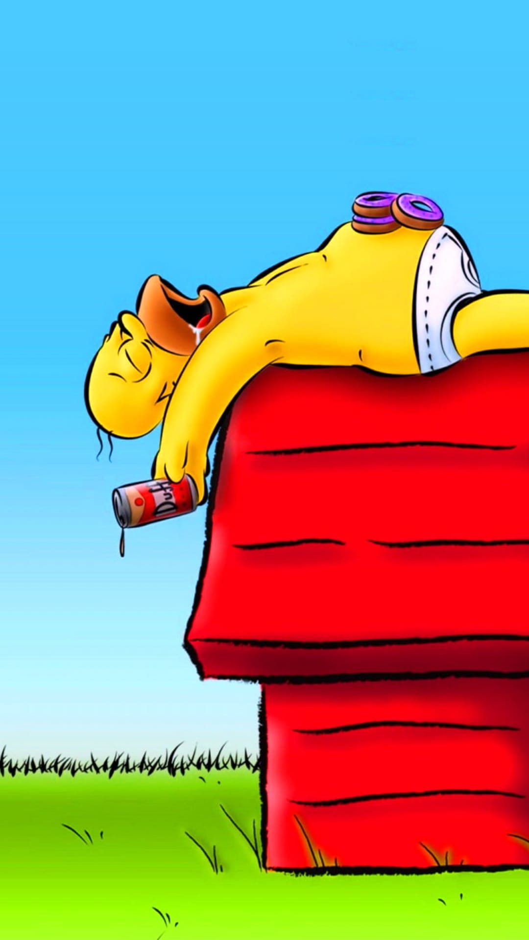 Homer Simpson naps on a red doghouse with donuts on his head and a dripping beer can in this mobile background.