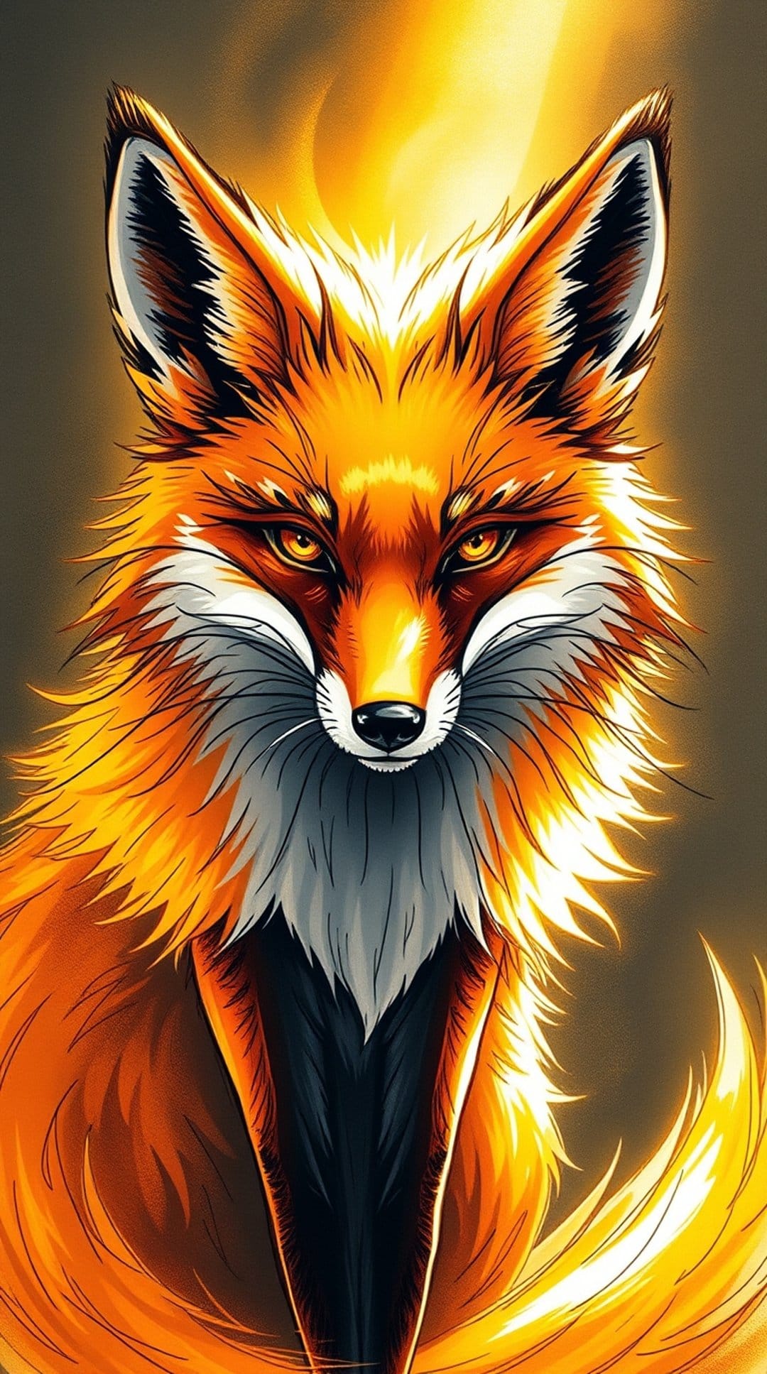 Red fox with glowing golden eyes and vibrant orange fur gazes forward against a soft amber backdrop.