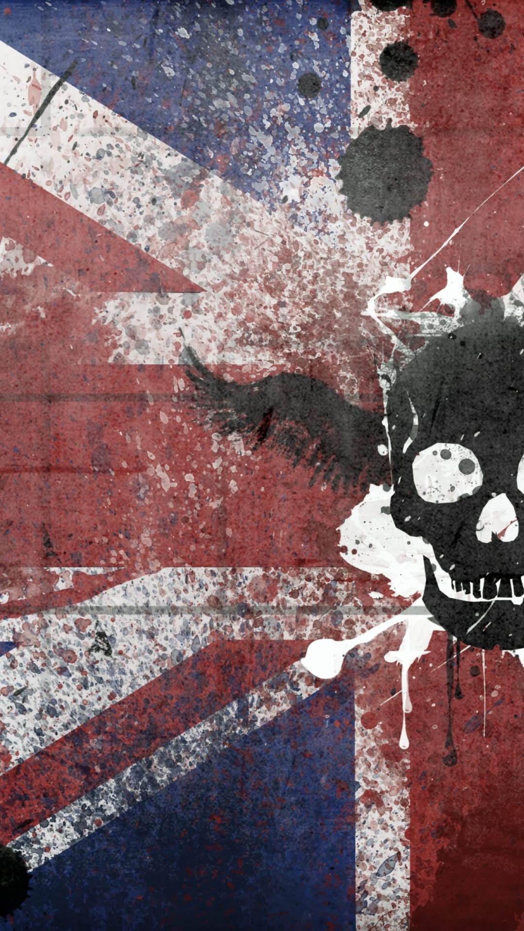 Winged skull with ink splatters overlays a weathered Union Jack flag featuring vibrant red and blue colors.