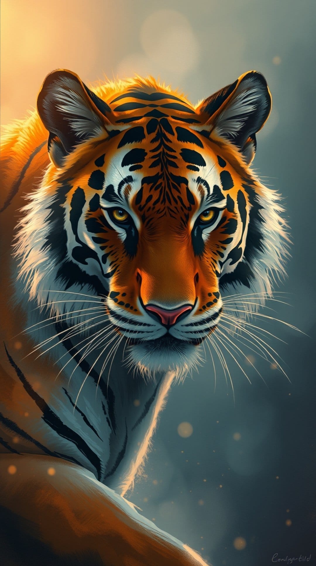 Tiger face with amber eyes and black stripes illuminated by warm golden light against a blurred bokeh background.