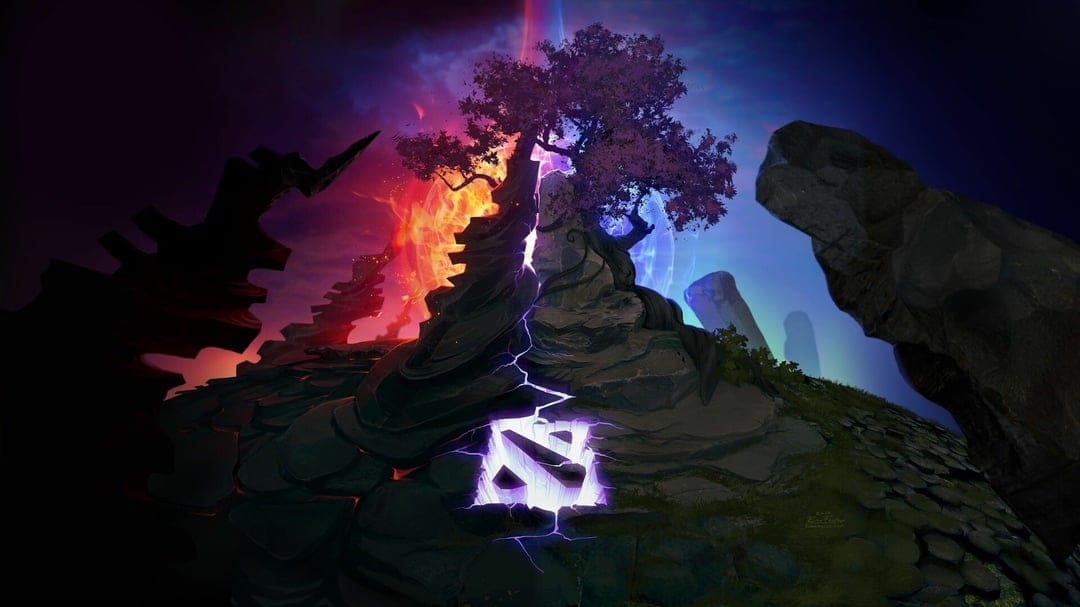 Glowing Dota 2 logo between fiery red volcanic rocks and a calm blue forest landscape with a split central tree.