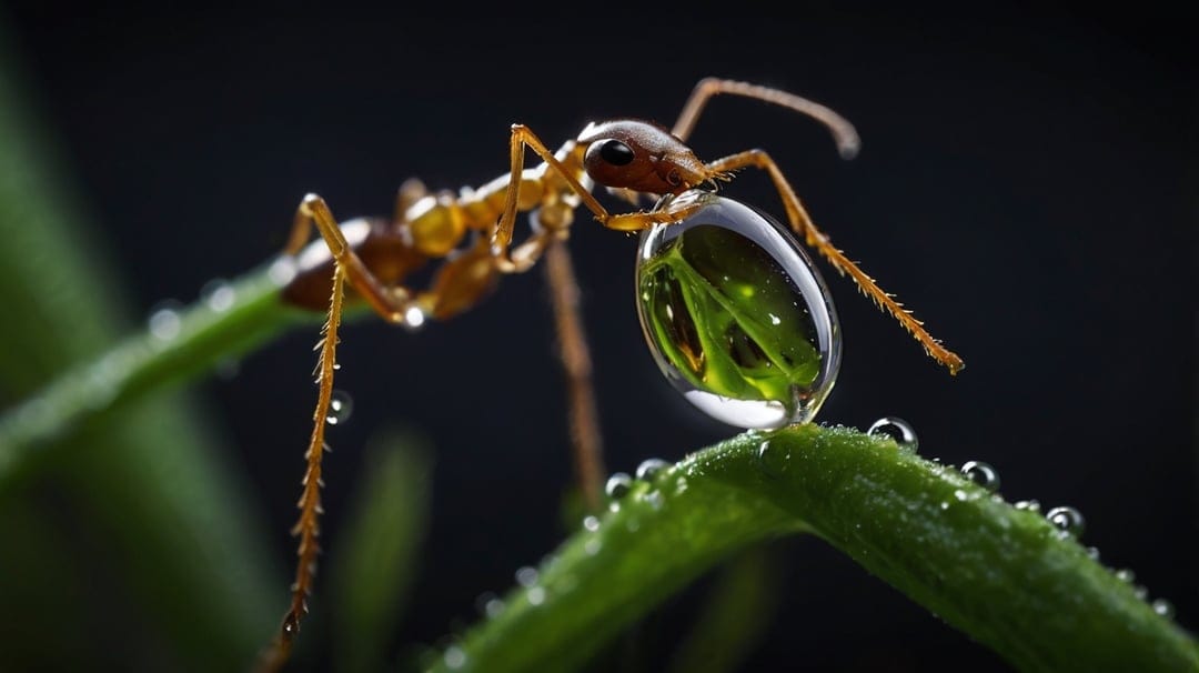 Golden ant carries a spherical water droplet reflecting green leaves on a textured plant stem in close-up.