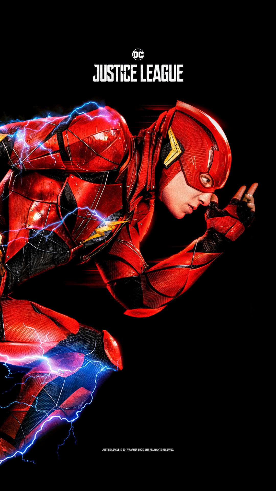 The Flash sprints forward wearing red armor with bright blue lightning bolts crackling across his muscular body.