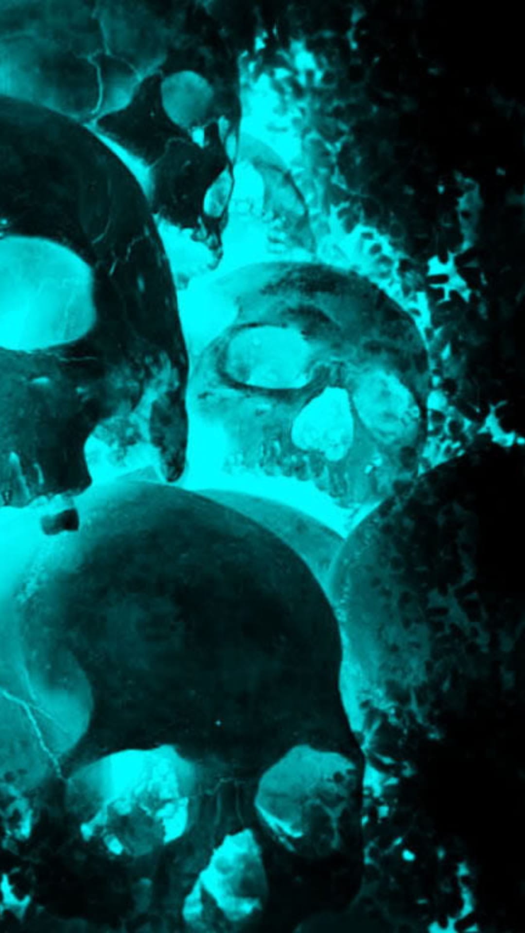 Multiple weathered skulls with glowing neon blue eyes and crevices stacked in a dark vertical composition.