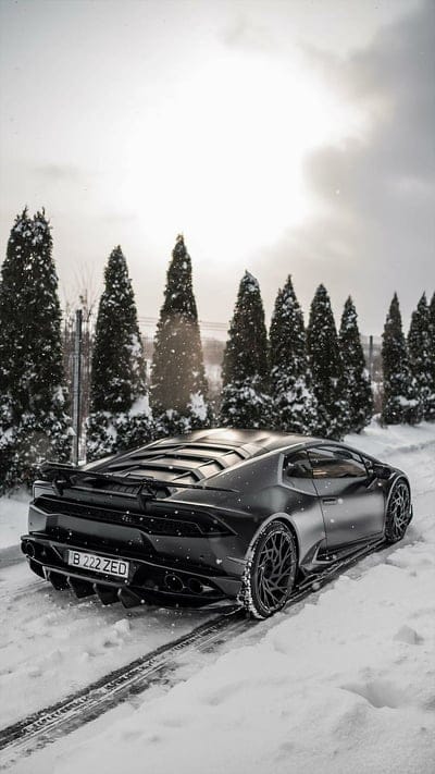 Snowy Huracan, lamborghini, huracan, black, car, supercar sports, america, new, snow, mobile wallpaper, android wallpaper, iPhone wallpaper, phone wallpaper