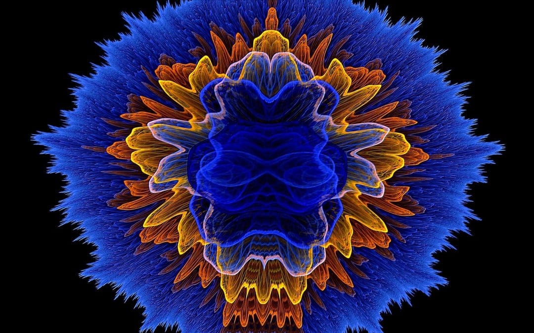 Fractal flower with a sapphire core and amber petals ending in sharp electric blue sparks on a dark base.