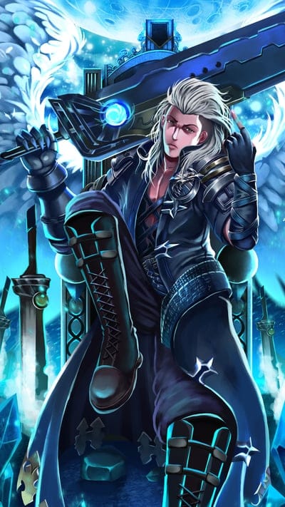 alucard,legend,sword,anime,angelic warrior, greatsword, fantasy art, anime, digital illustration, male character, white hair, wings, blue aesthetic, powerful, gothic fantasy, dark fantasy, game art, character design, mythical, heroic, sword, blue crystals, throne