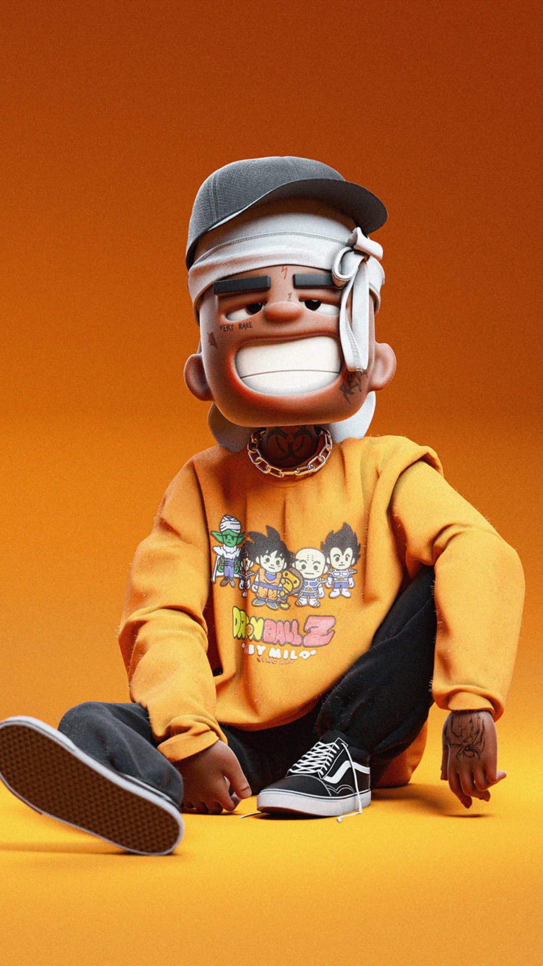 Urban 3D character wearing an orange Dragon Ball sweatshirt, gray cap, and gold chain against an orange backdrop.