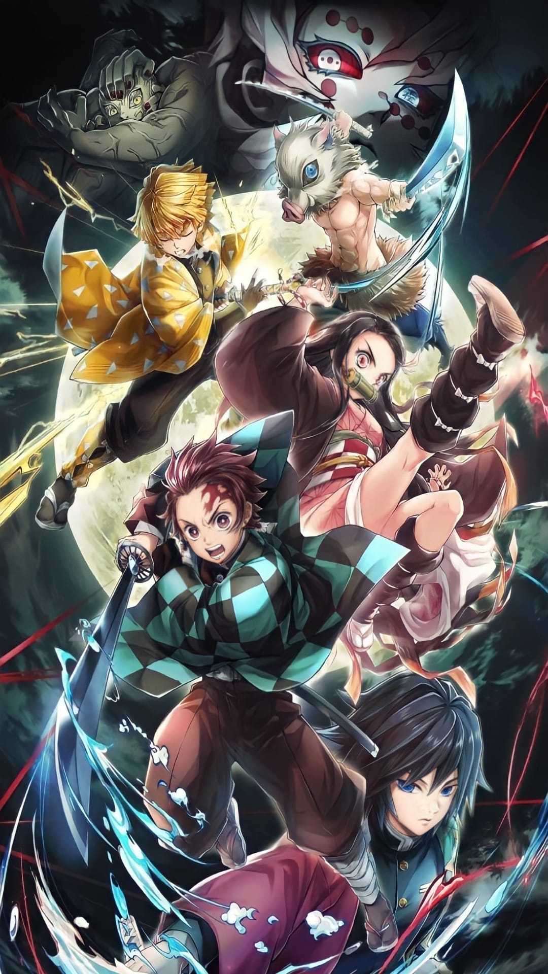 Tanjiro, Nezuko, and Zenitsu engage in battle with glowing elemental effects under a large crescent moon at night.