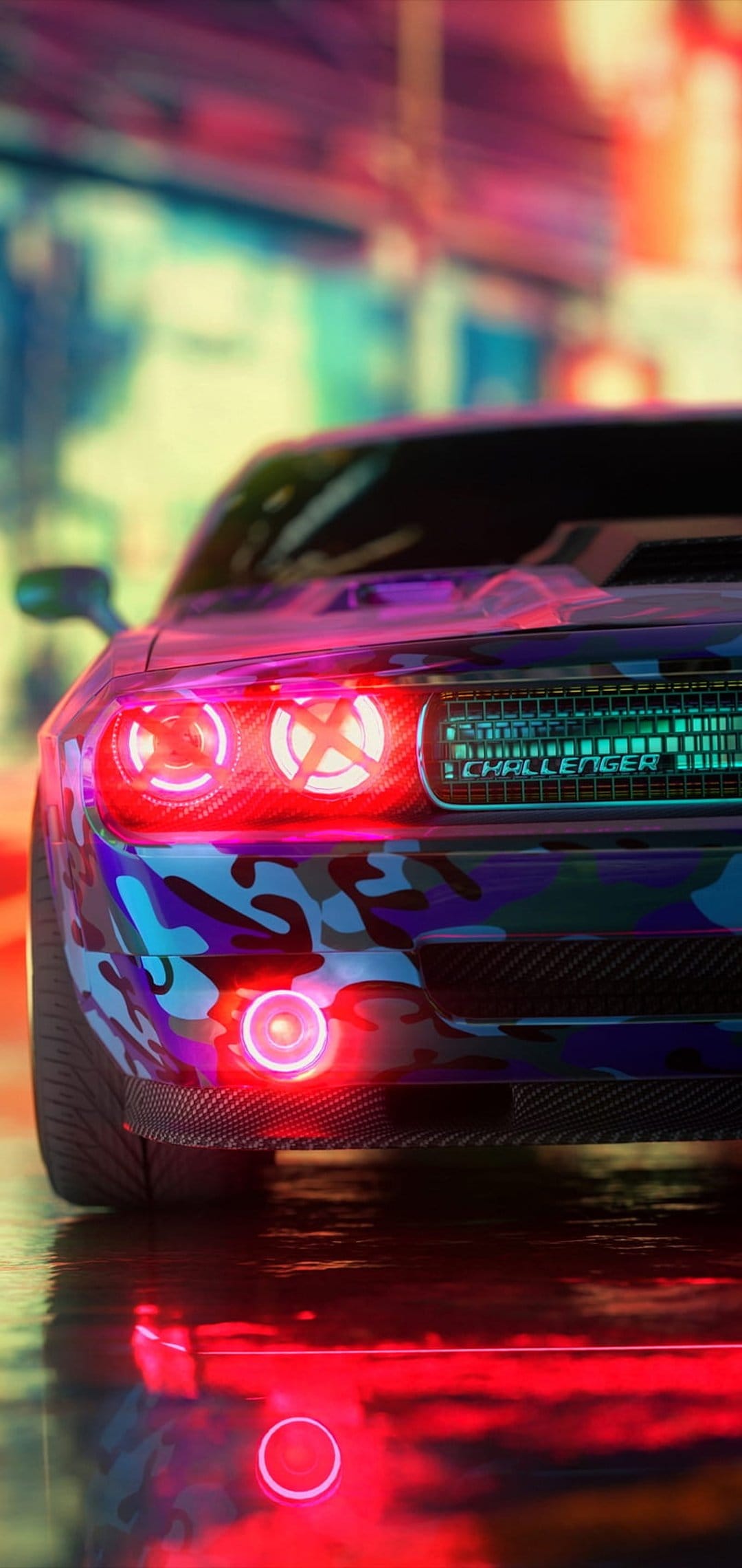 Dodge Challenger with purple camouflage wrap glows under red and cyan neon lights on a reflective wet street.