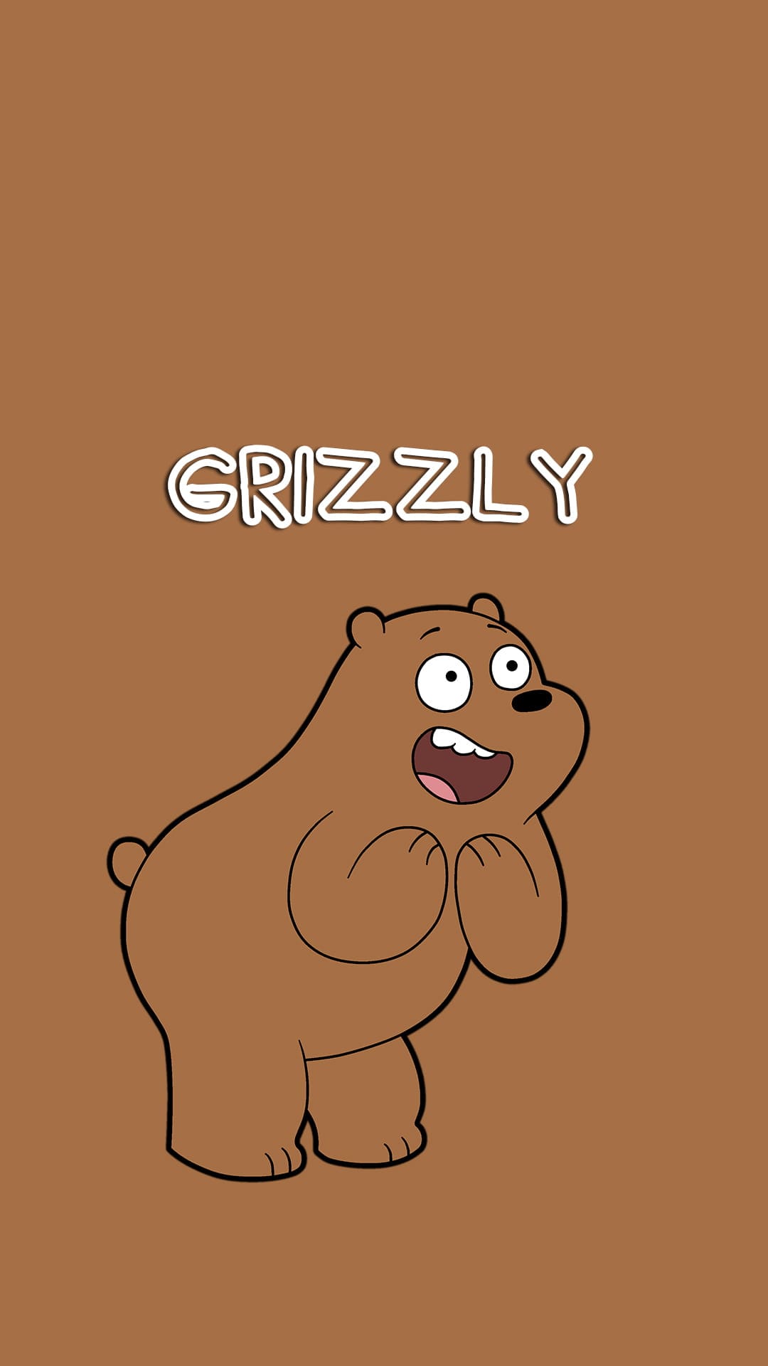 Brown grizzly bear with a wide smile and expressive eyes sits below white stylized text on a solid brown backdrop.