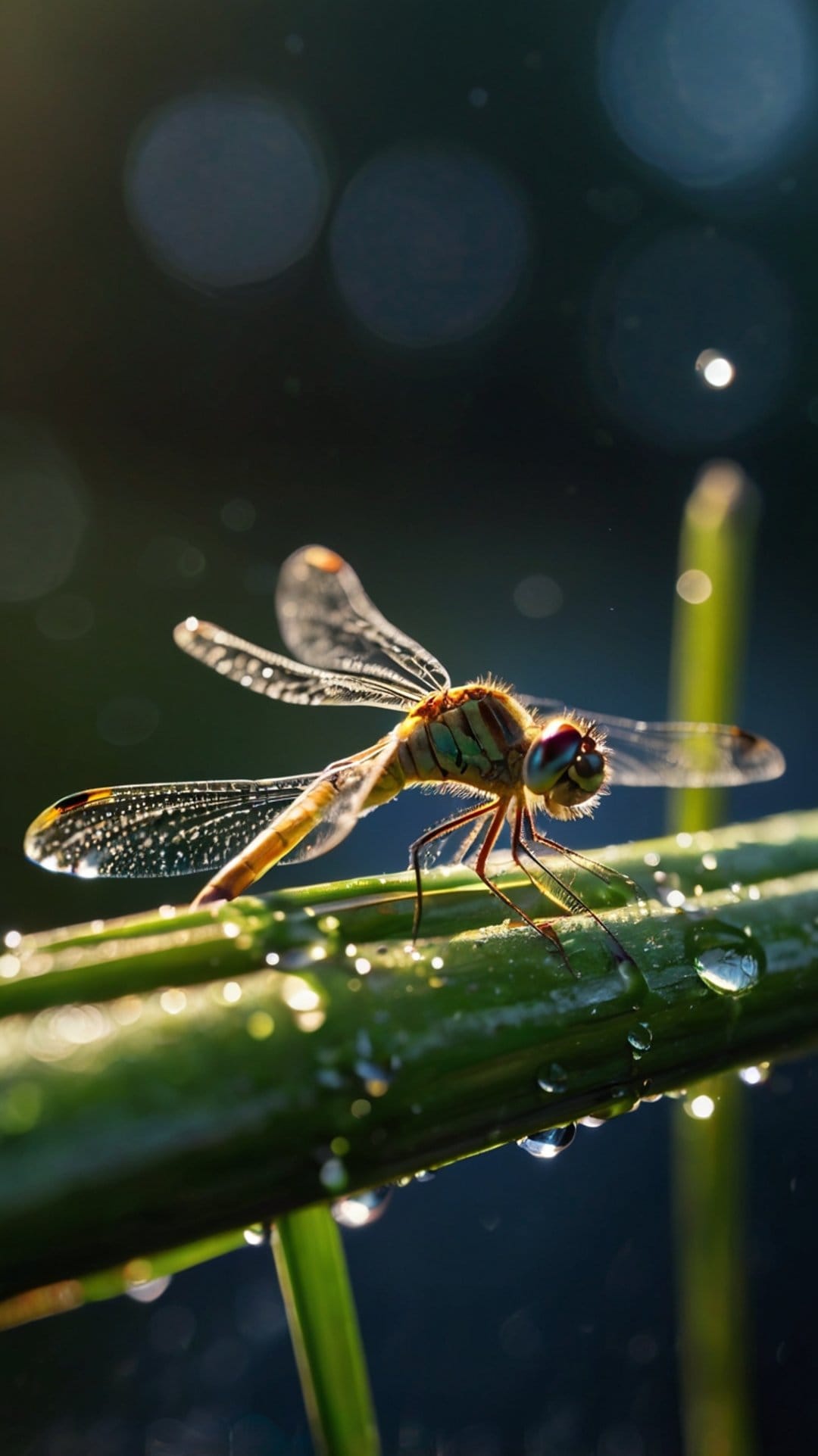 Dragonfly with iridescent wings perched on a green reed covered in clear round dewdrops against a blurred background.