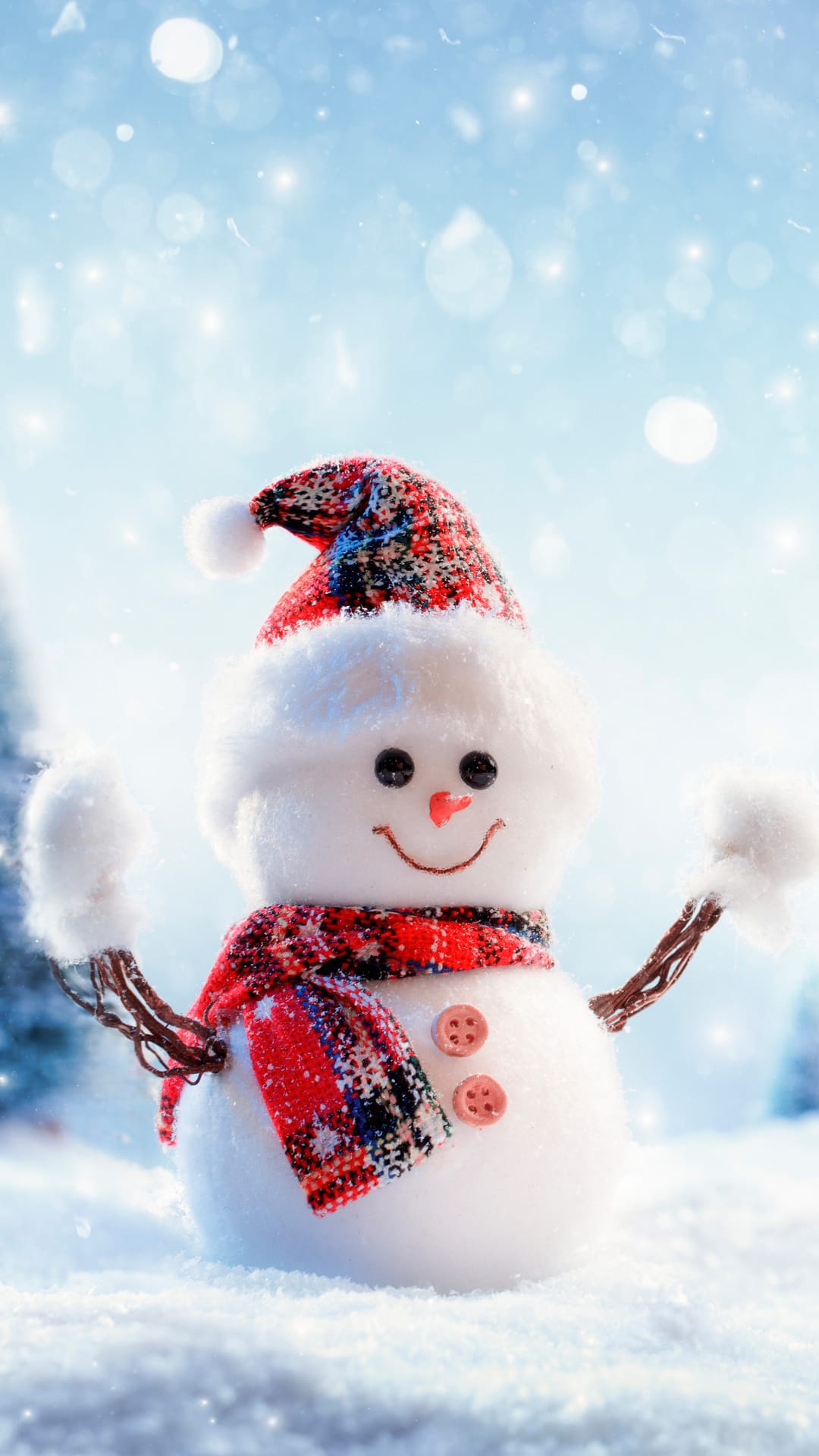 Snowman with a carrot nose and plaid scarf stands in a snowy field with falling flakes under a soft winter sky.