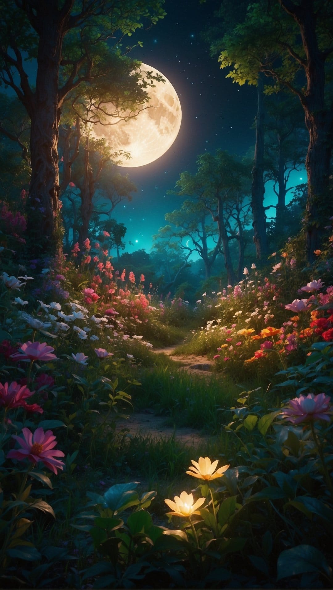 Winding forest path surrounded by glowing pink and yellow flowers under a bright full moon and starry night sky.