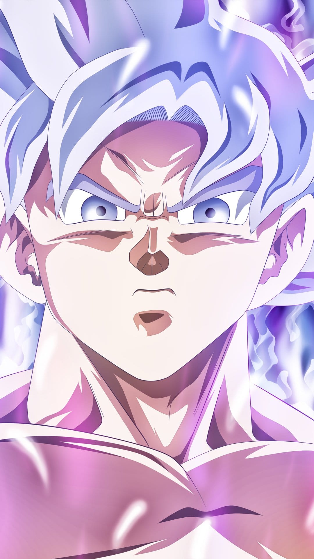 Goku stares forward with silver hair and grey eyes while surrounded by a glowing pink and purple energy field.