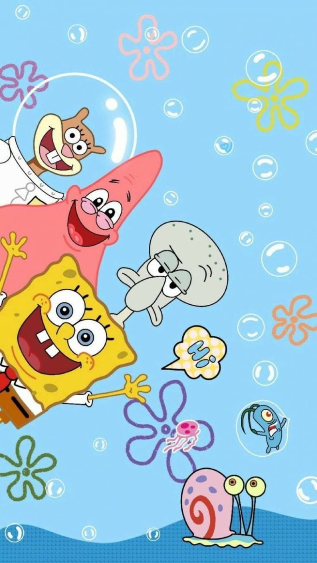 SpongeBob SquarePants, Patrick Star, and the Bikini Bottom crew stand in a bubbly blue sea with pink jellyfish.