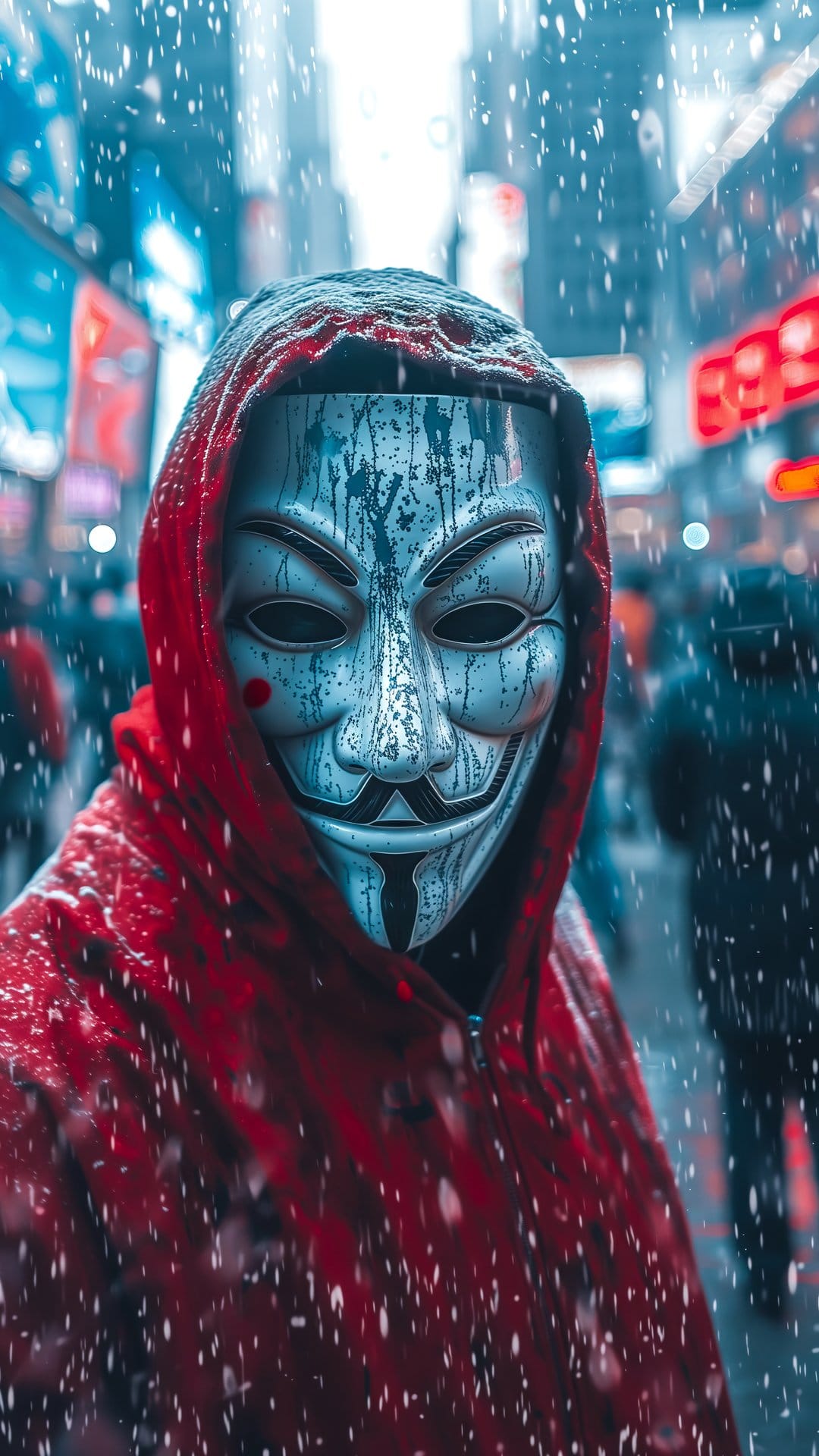 Person in a Guy Fawkes mask and red hoodie stands on a snowy city street at night with blurred lights behind.