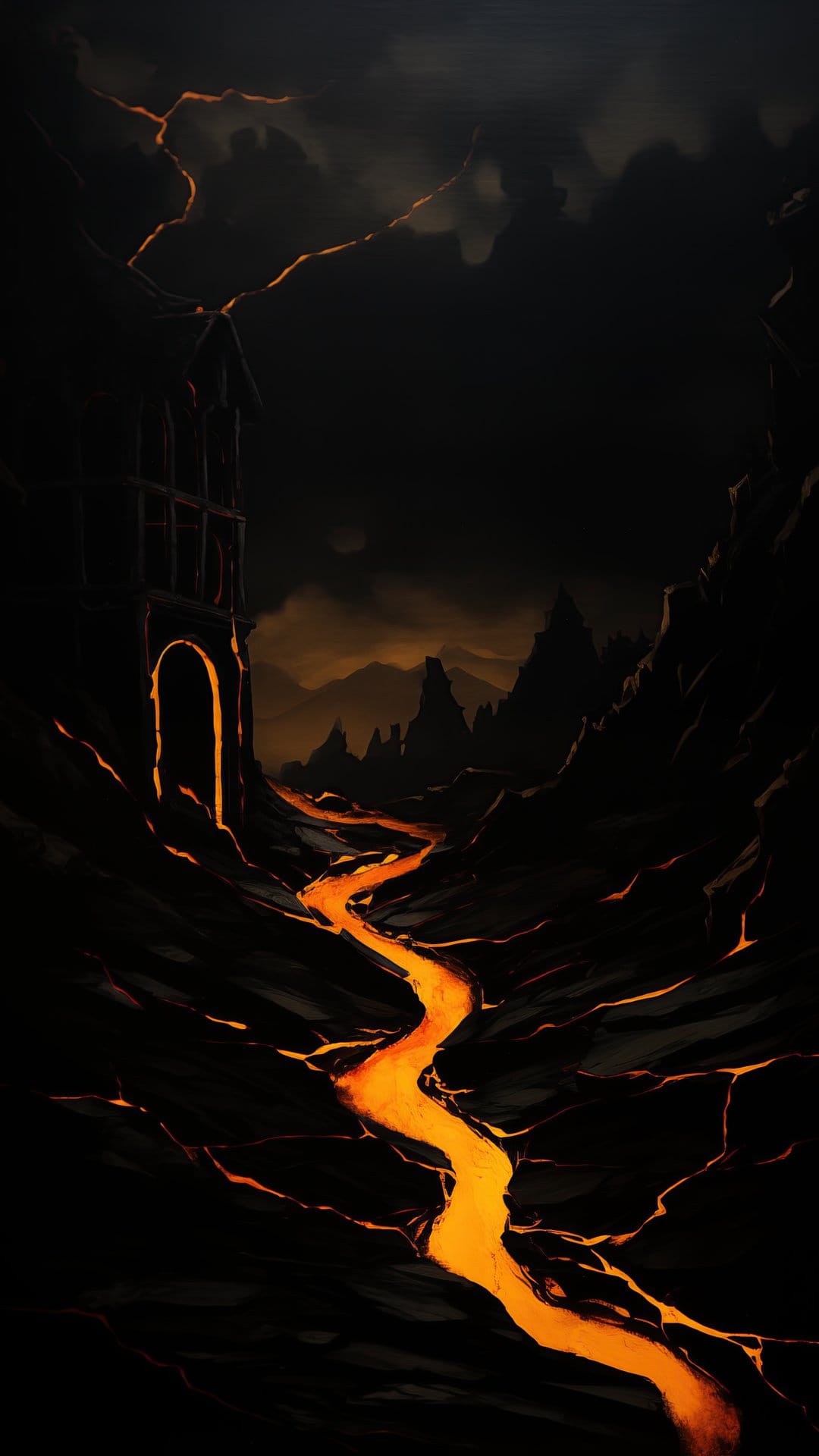 Orange lava river flowing between dark jagged rocks under a stormy sky with a stone arch in the background.