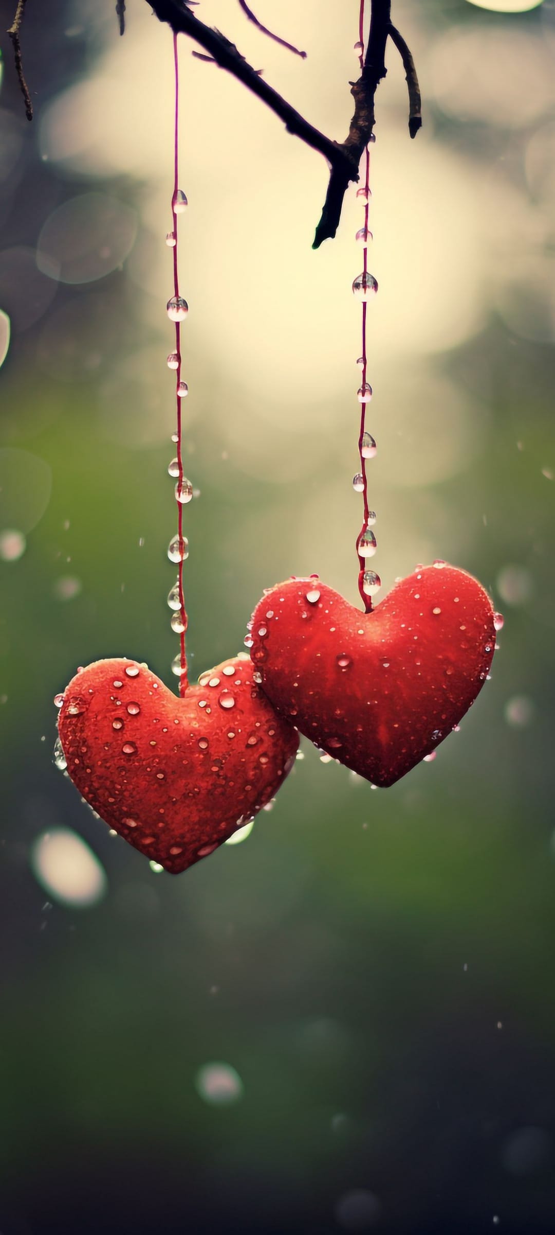 Two red heart ornaments with water droplets hang from strings in front of a blurred green forest with bokeh lights.