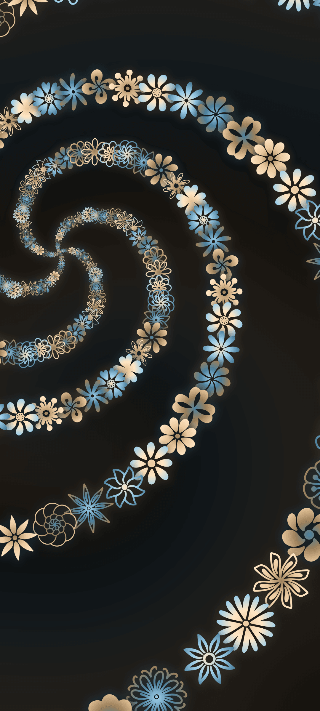 Alternating blue and gold flowers form a deep, winding spiral vortex against a dark and moody textured background.