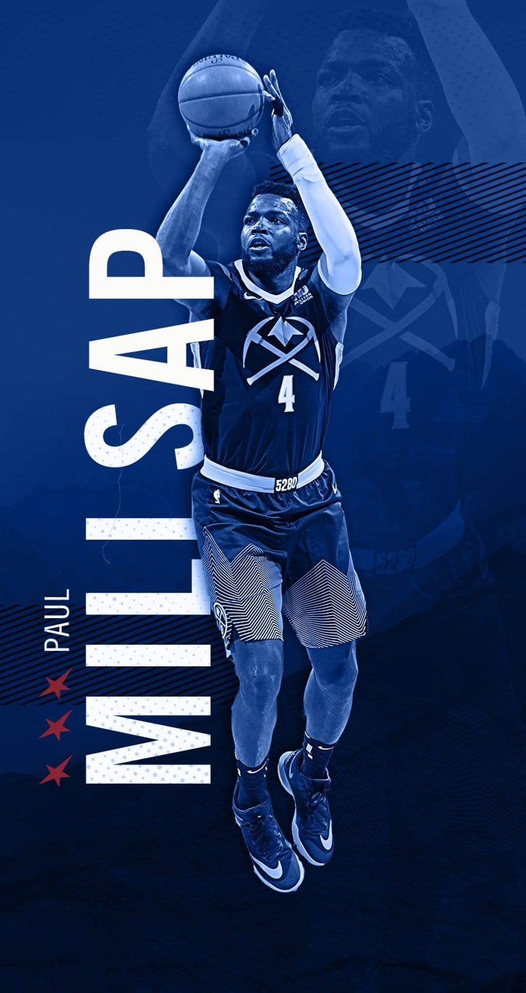 Paul Millsap in a navy uniform shoots a basketball against a blue background with vertical name text and patterns.