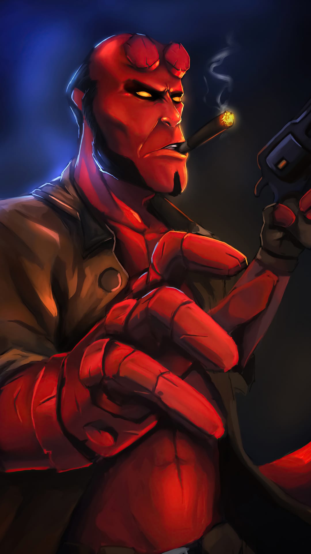 Hellboy with red skin and horns smokes a cigar while holding a large revolver against a dark, moody background.