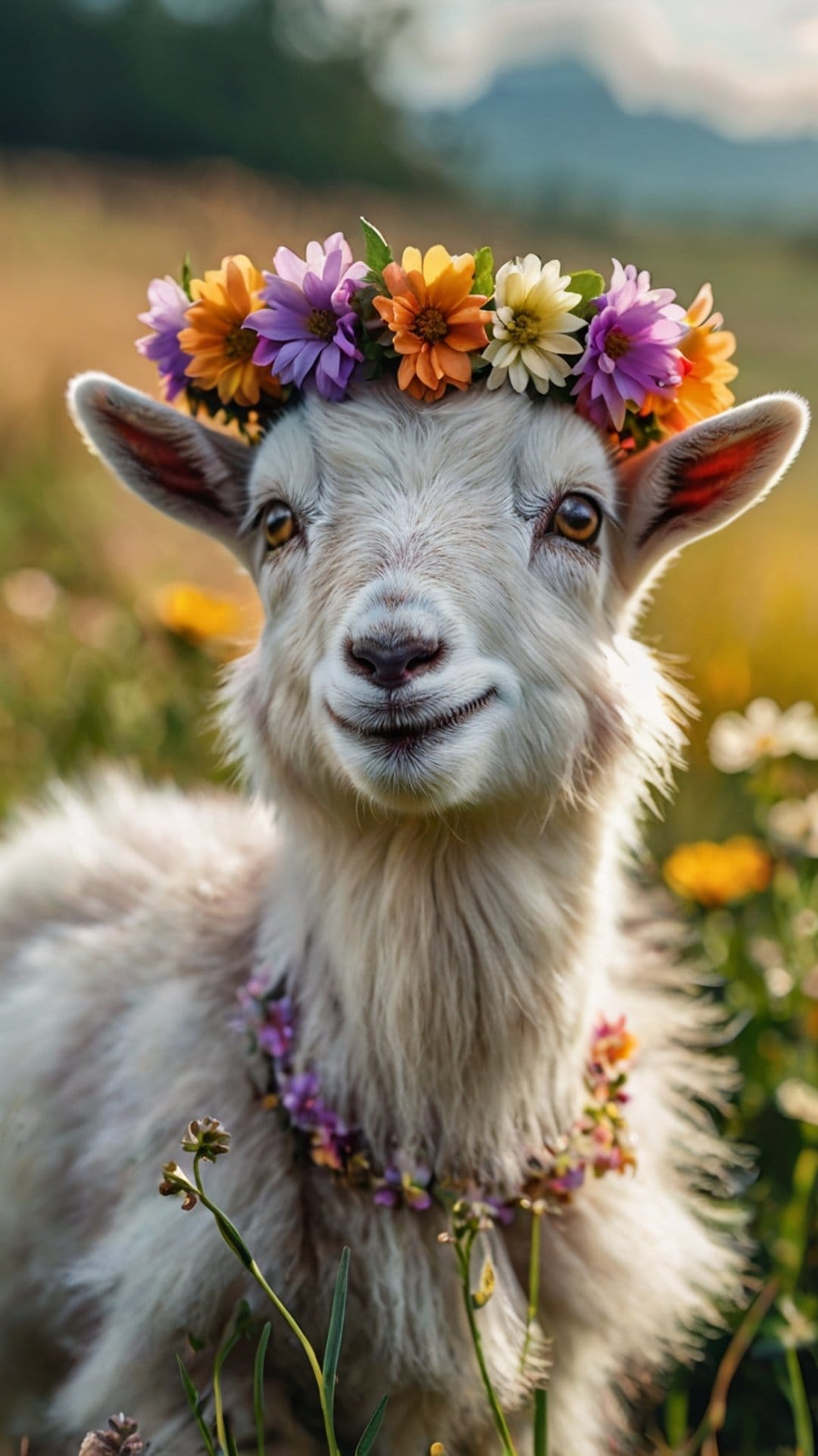 Young goat wearing a floral headpiece looks at the camera in a golden meadow filled with spring blossoms.