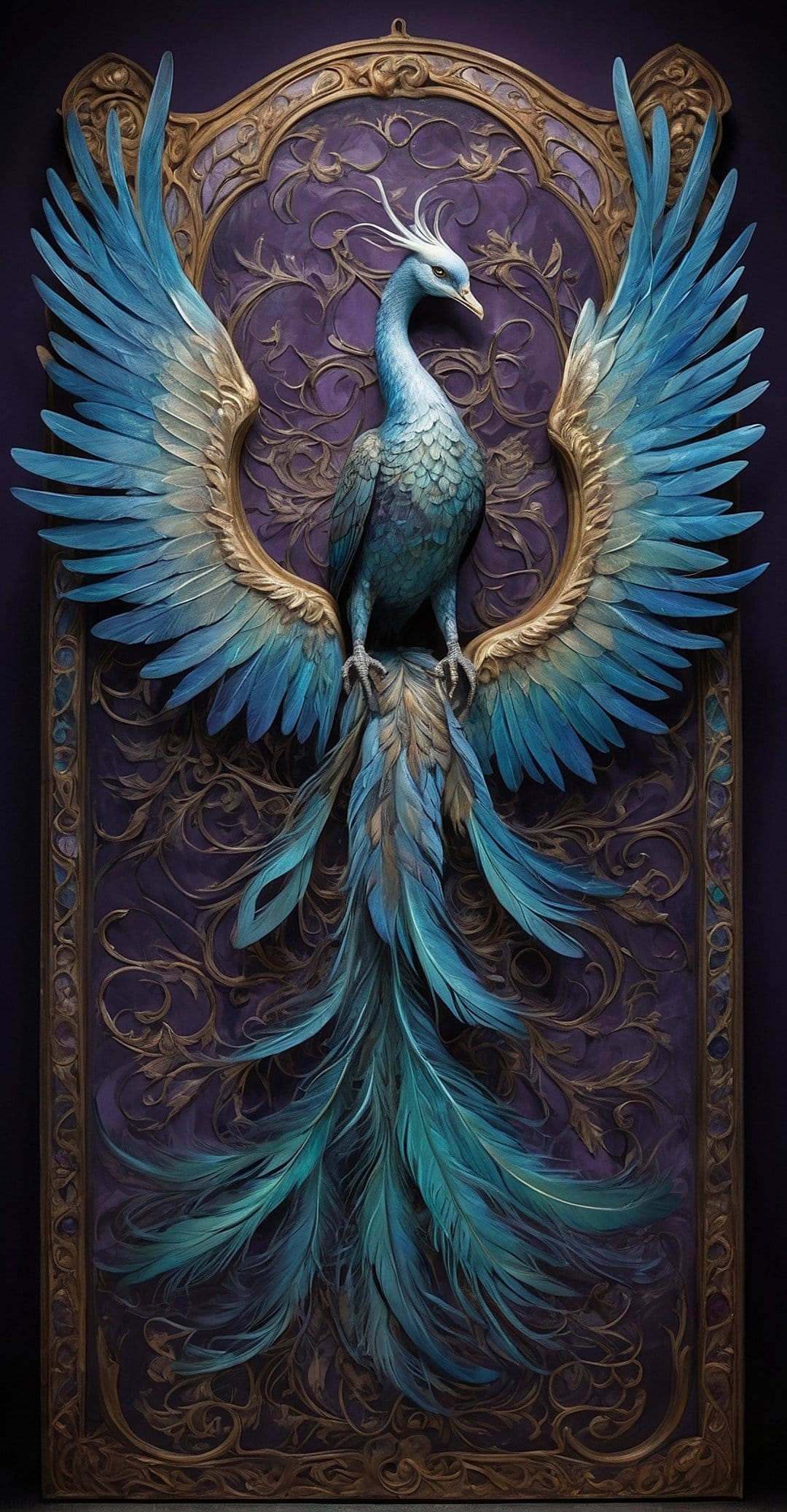 Blue phoenix with golden-tipped wings and a long teal tail soaring before an ornate purple and gold background.