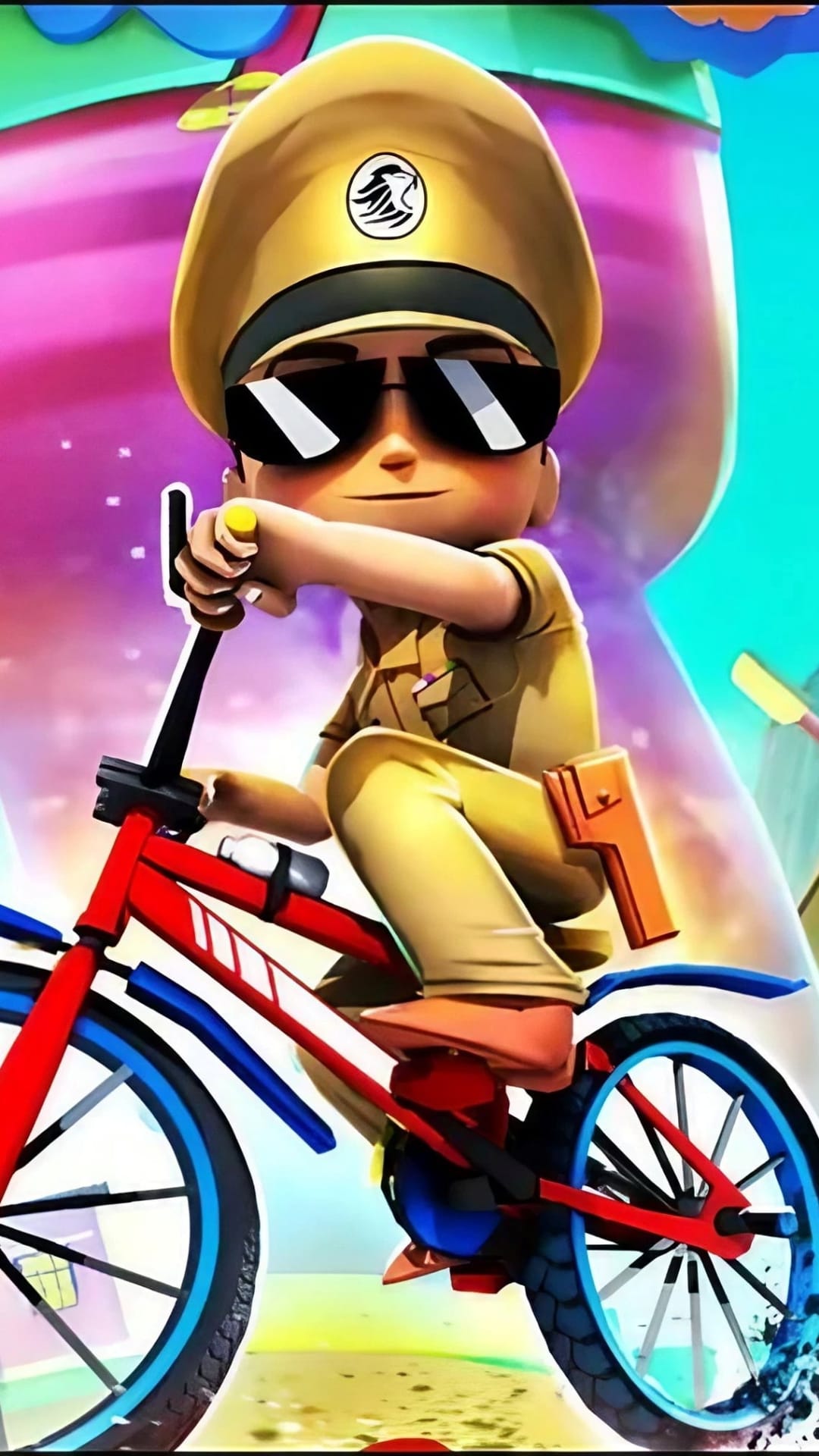 Little Singham riding a bicycle in a khaki police uniform and sunglasses against a bright cartoon background.