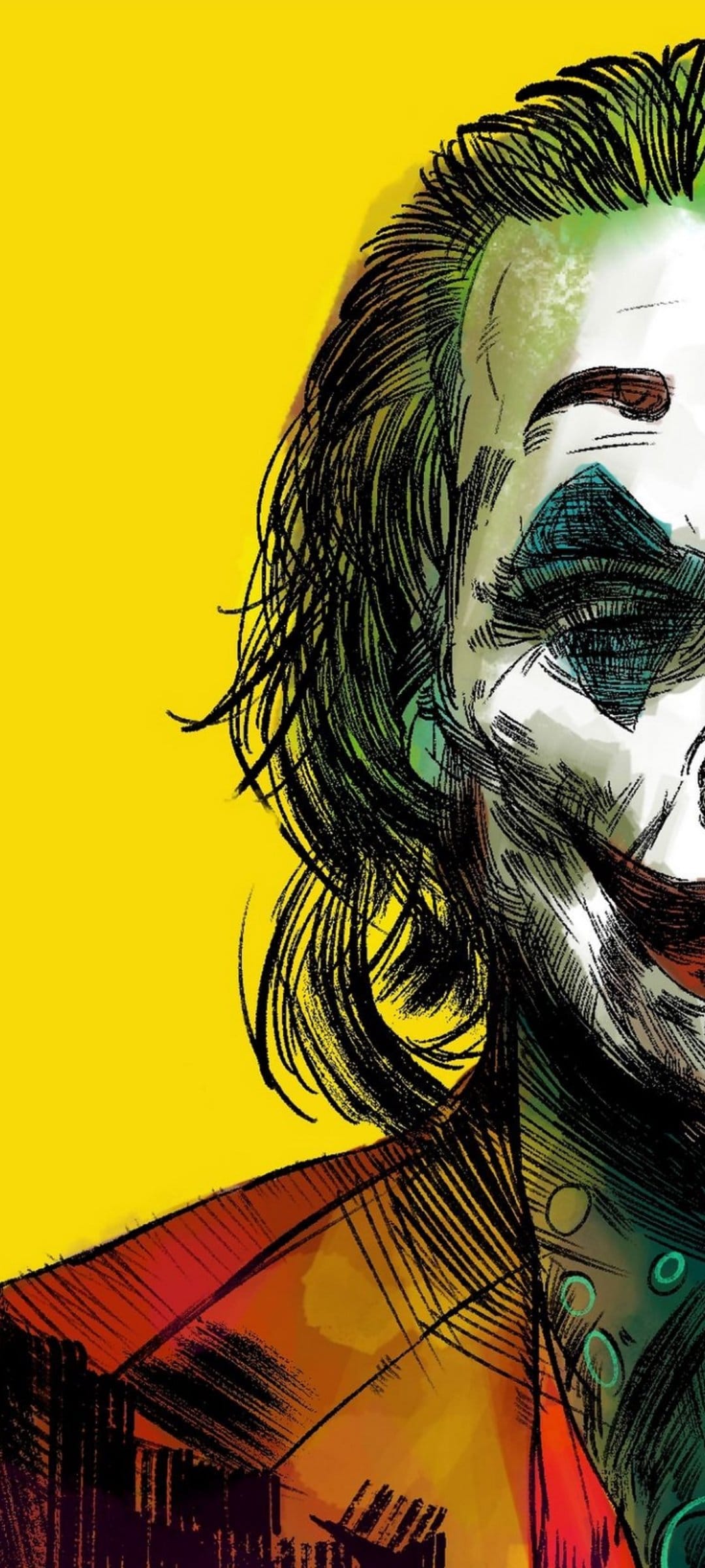 Joker face with smeared makeup and messy green hair against a bright yellow background in a sketchy art style.