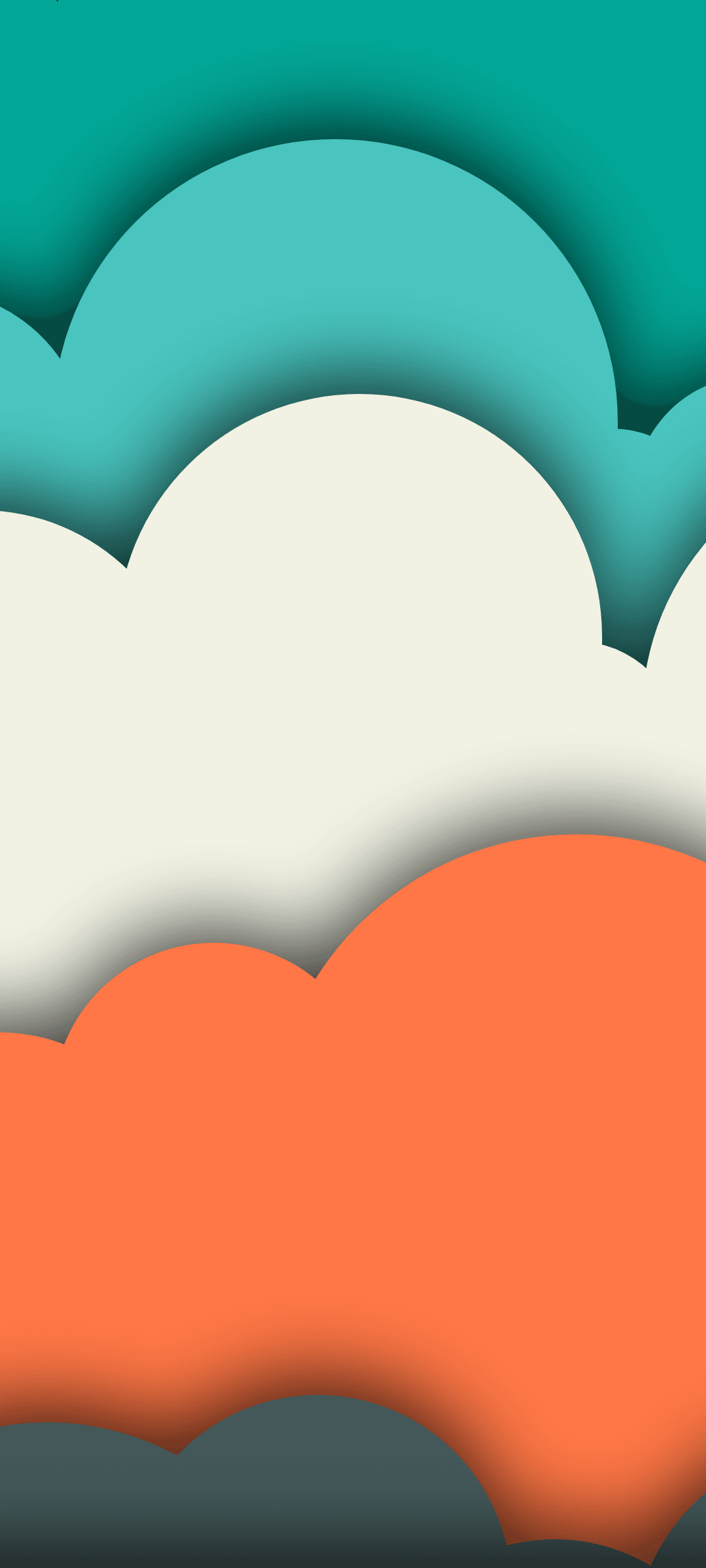Rounded teal, orange, and cream cloud-like layers overlap with soft shadows creating depth and a modern pattern.
