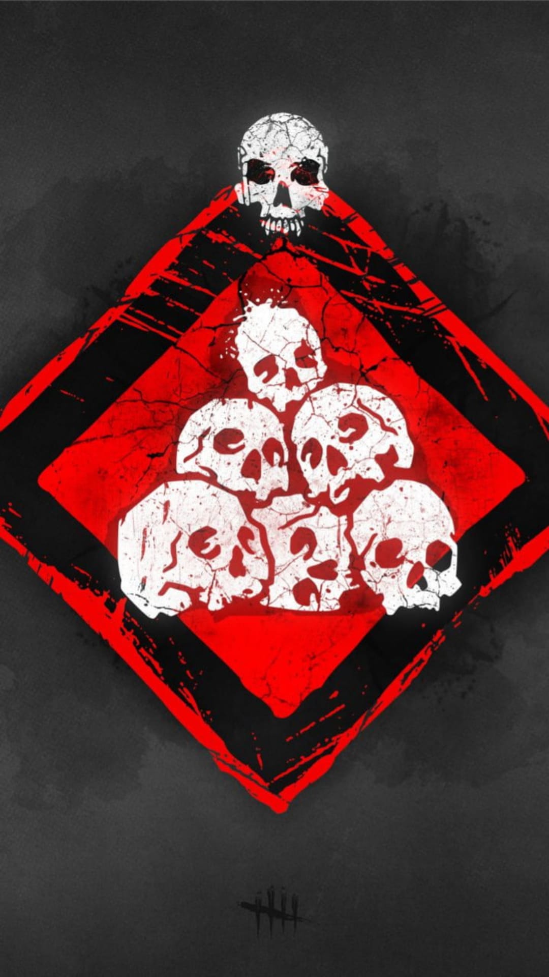 Cracked white skulls arranged inside a red diamond shape against a black background in a vertical layout.