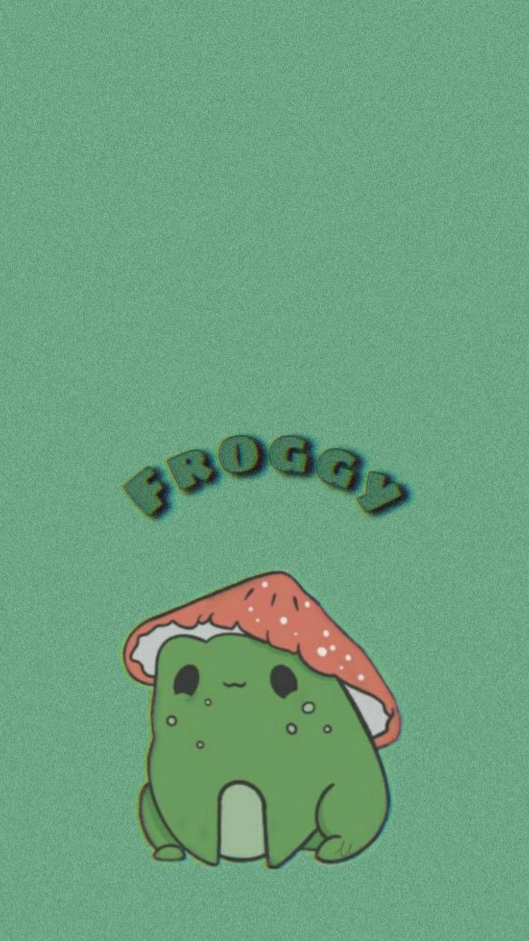 Green frog wearing a red mushroom cap with the word Froggy written in a playful font on a soft background.