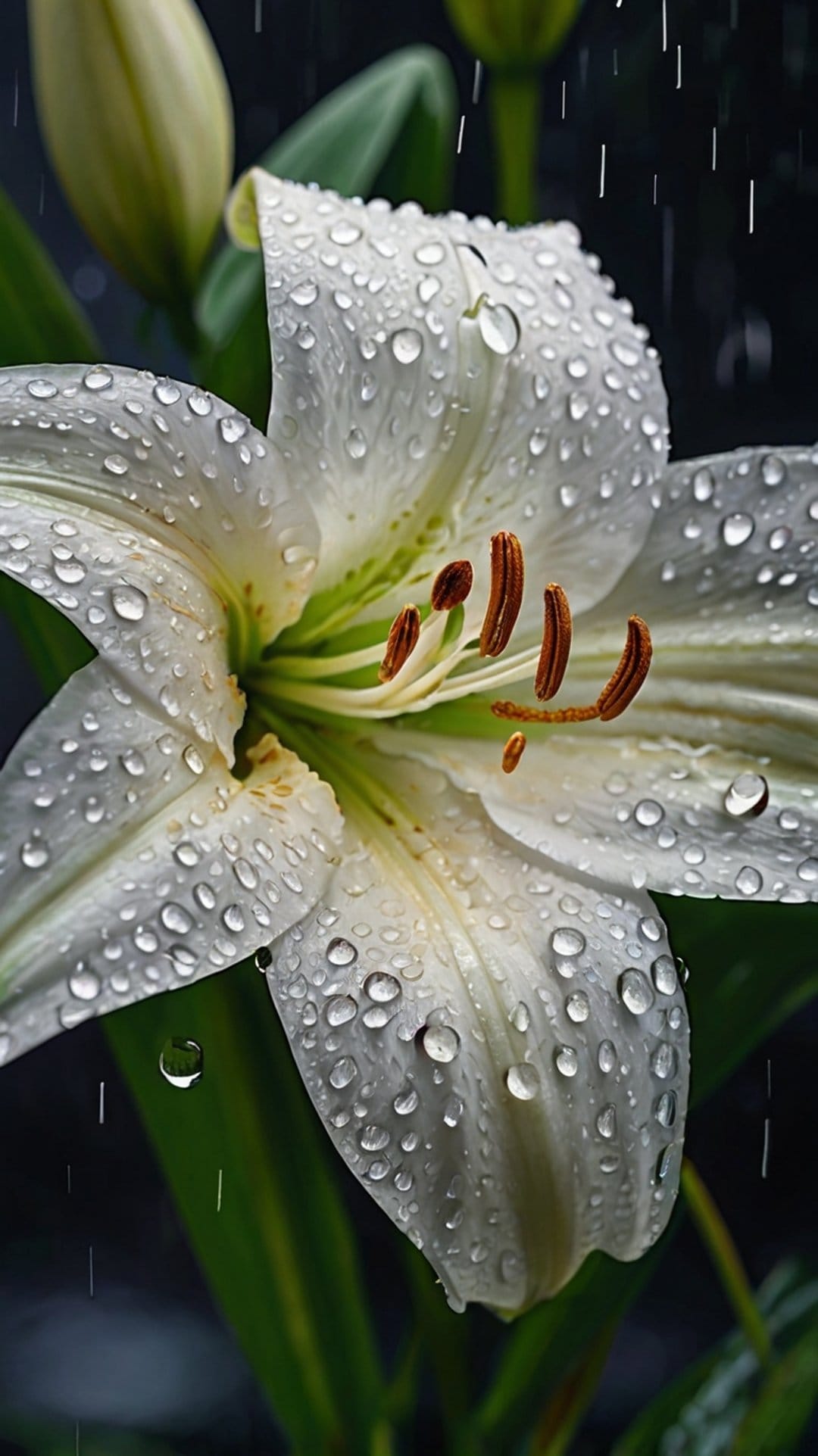 White lily petals covered in spherical raindrops with visible yellow stamens against a blurred dark background.