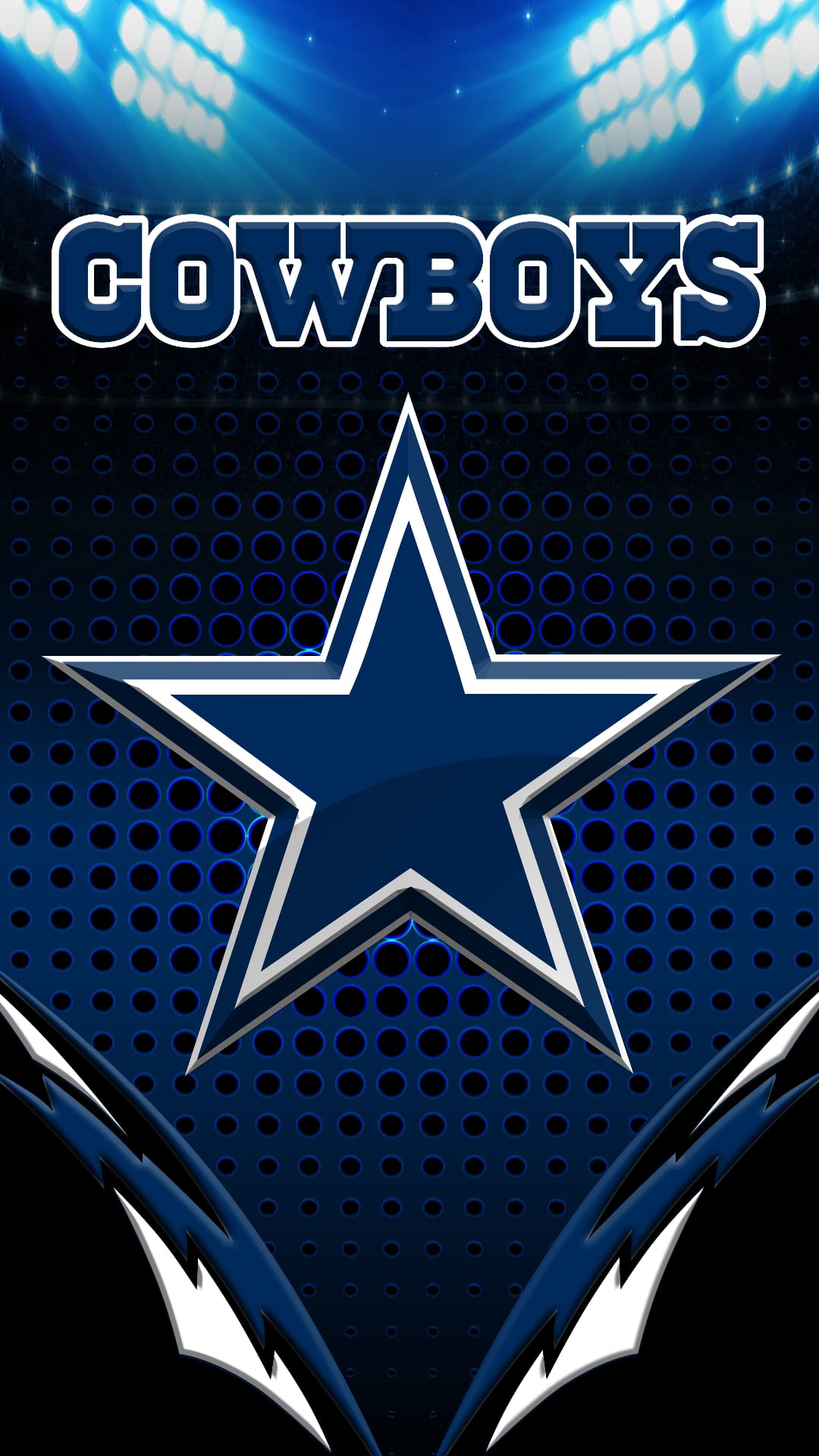 Dallas Cowboys silver star logo centered on a textured blue background with bright white stadium floodlights.