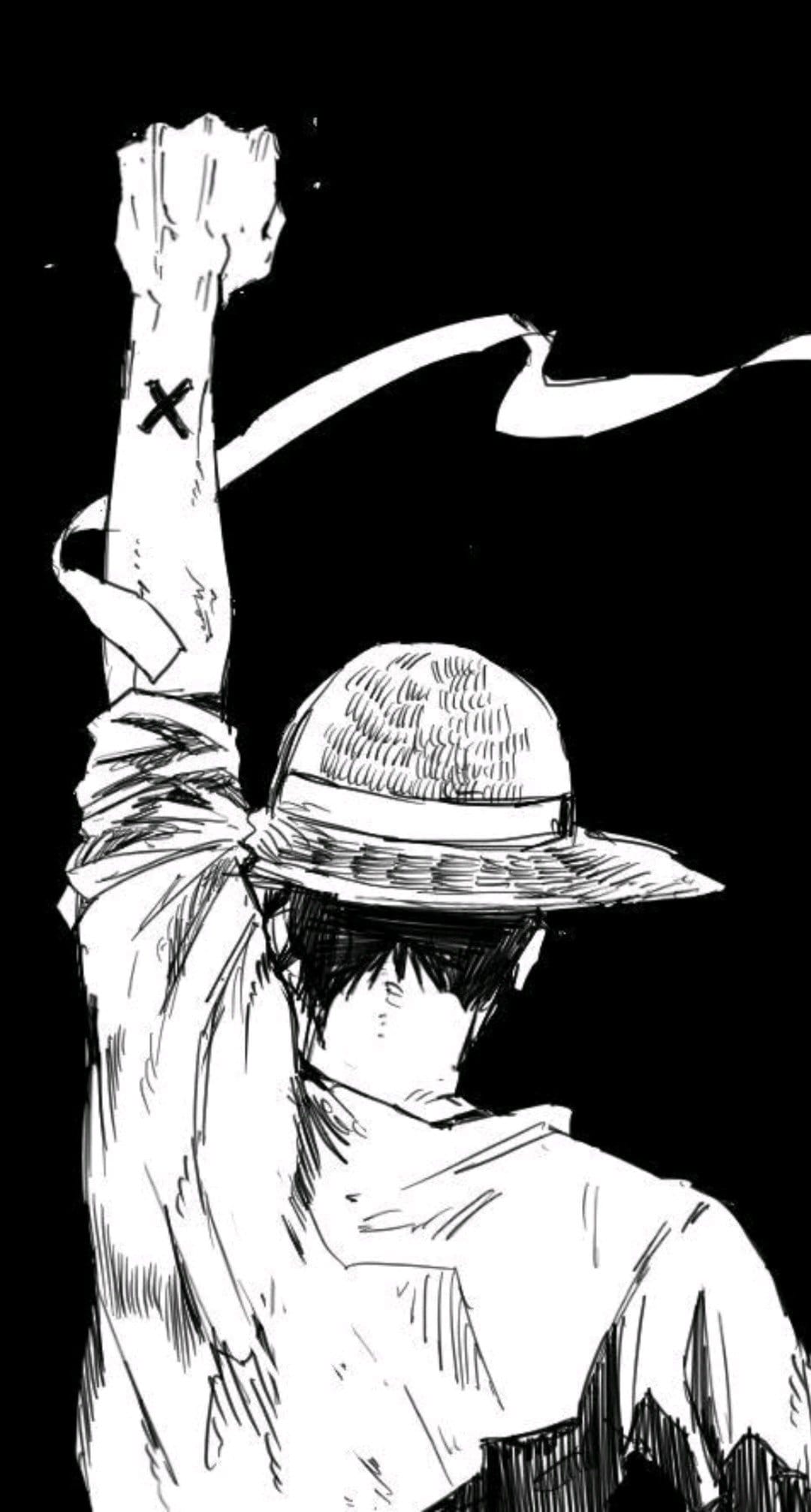 Monkey D. Luffy raises a fist with an X mark wearing a straw hat against a dark high-contrast background.