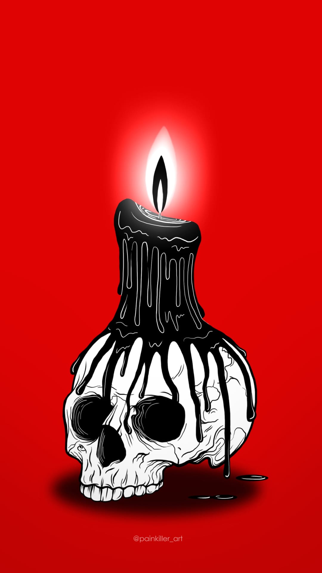 Melting skull candle with black wax dripping down its forehead against a solid red background with a small flame.