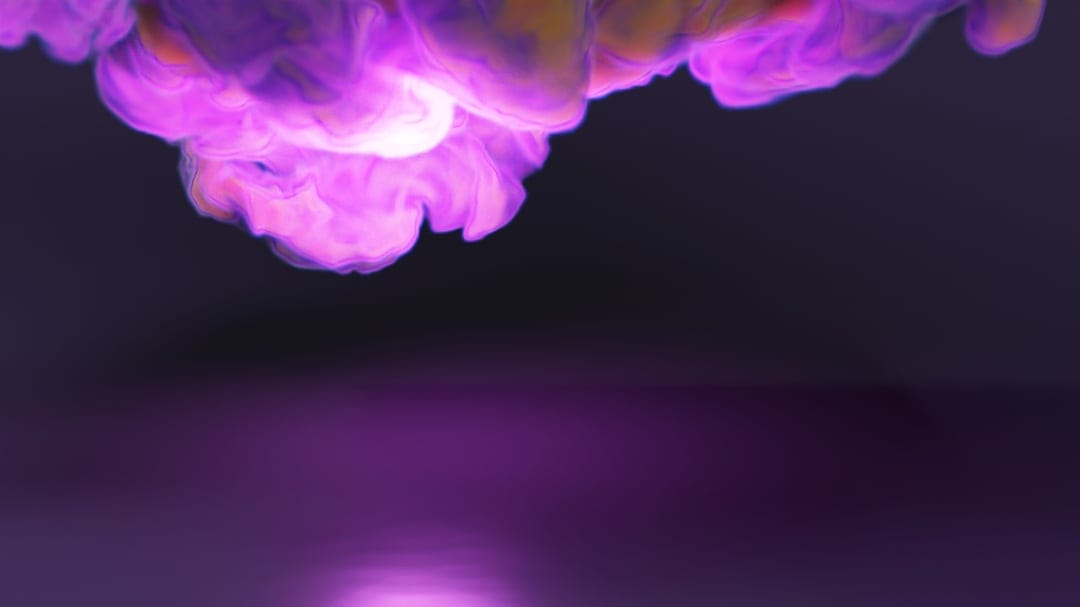 Purple and pink smoke swirls drift downward into a mirrored surface against a black, minimalist backdrop.