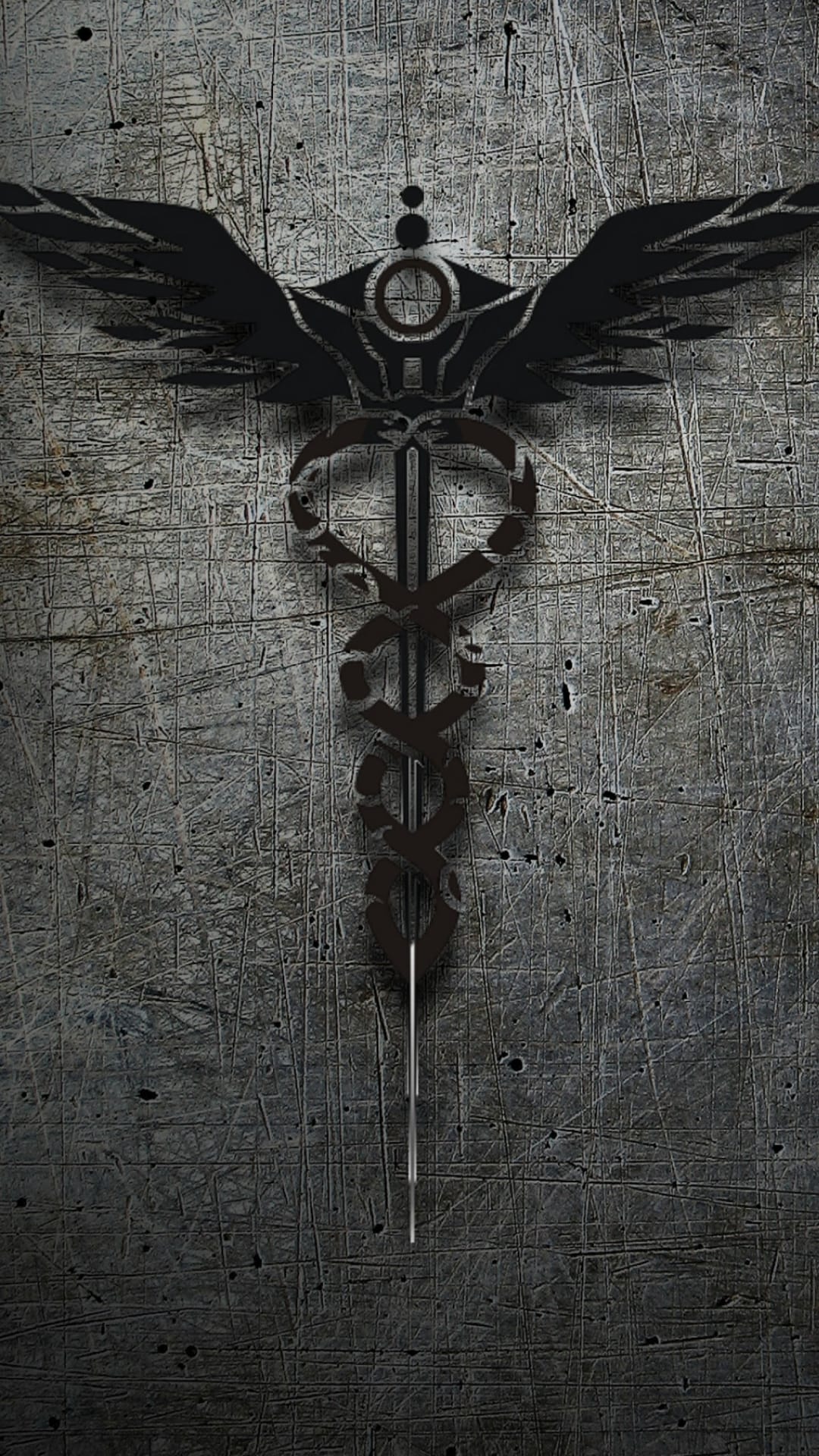 Black caduceus symbol with wings and serpents centered on a dark, scratched metallic industrial surface.