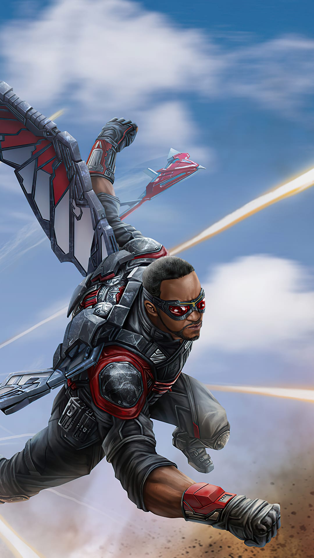 Sam Wilson in Falcon wings flies through grey clouds with red laser beams and a small drone in the background.