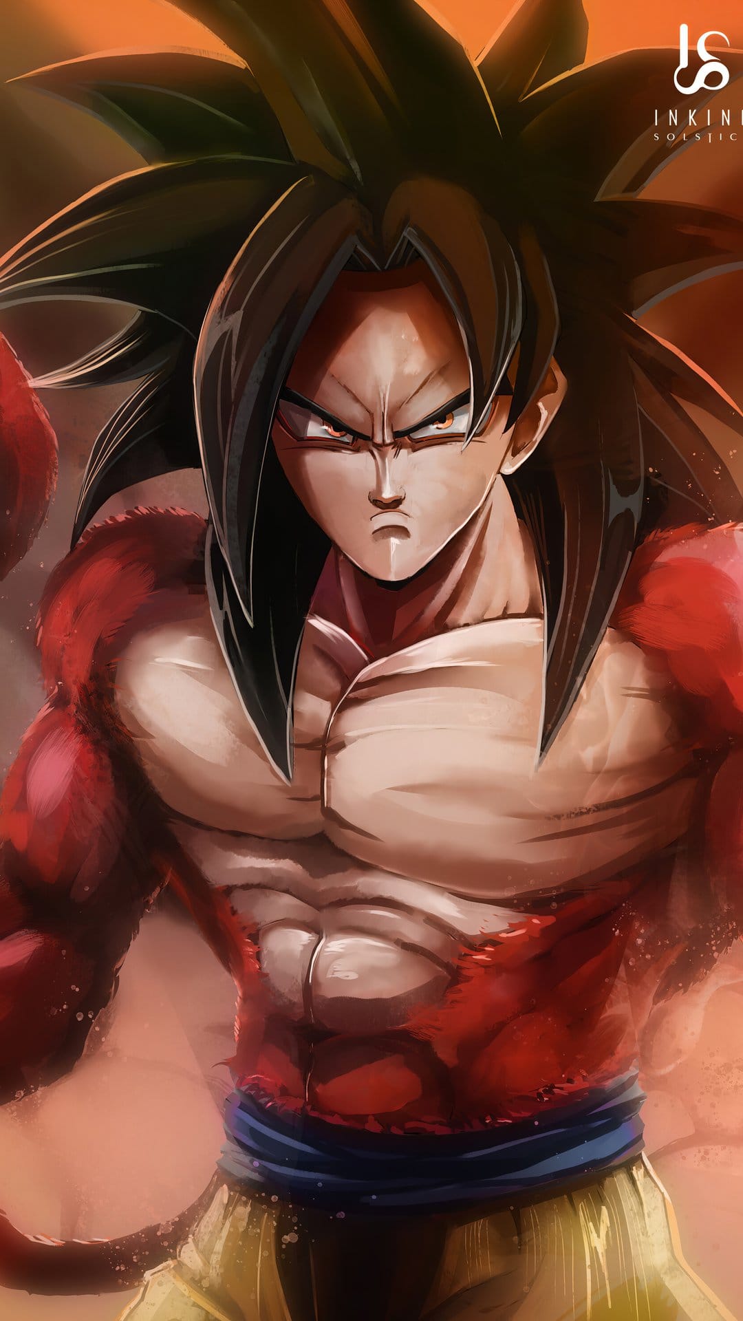 Goku in Super Saiyan 4 form with long black hair, red body fur, and a stern expression against orange light.