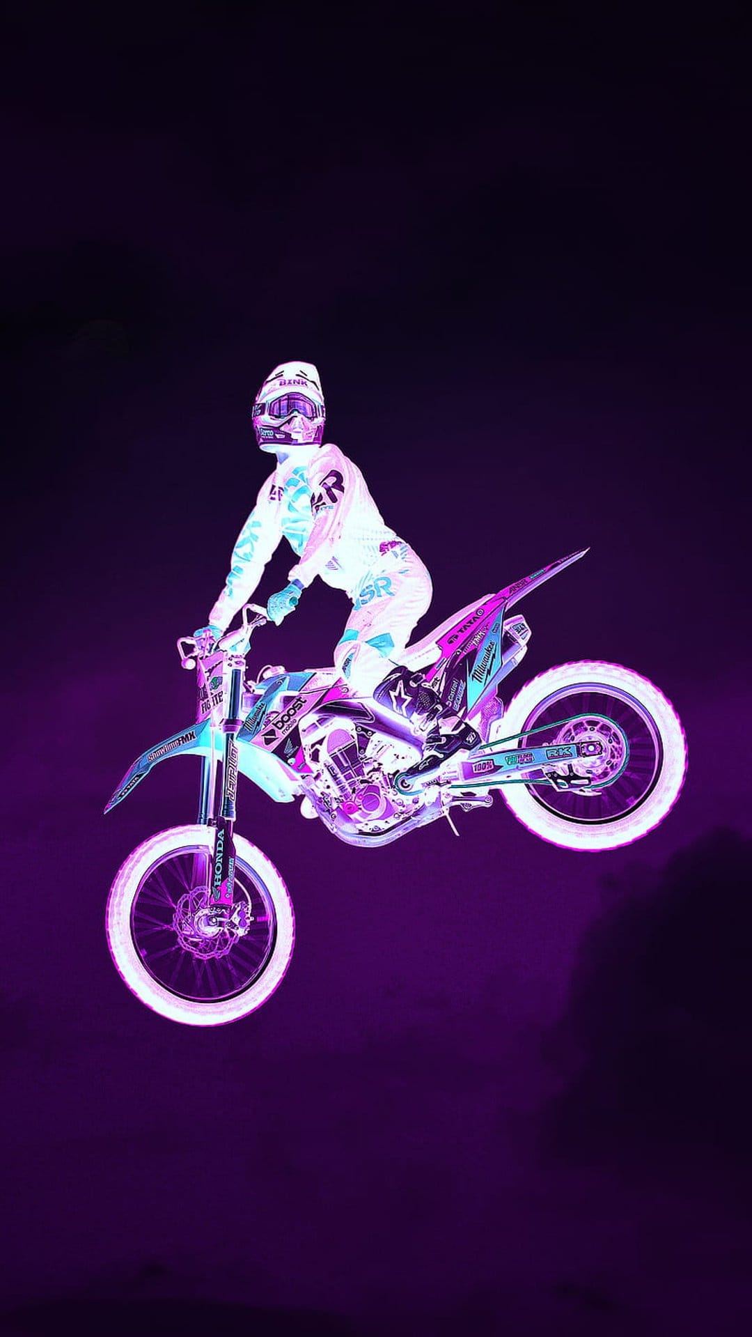 Motocross rider in full protective gear performing a jump mid-air with glowing neon purple and blue outlines.