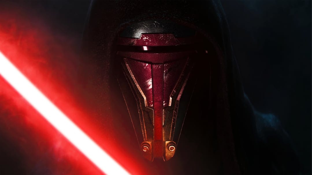 Darth Revan wearing a weathered red and silver mask under a dark hood next to a glowing red lightsaber blade.
