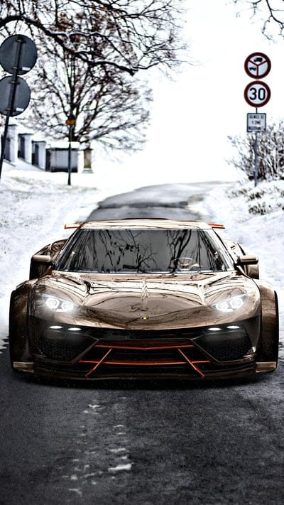 lamborghini,sports car,car,golden,road,snow,winter