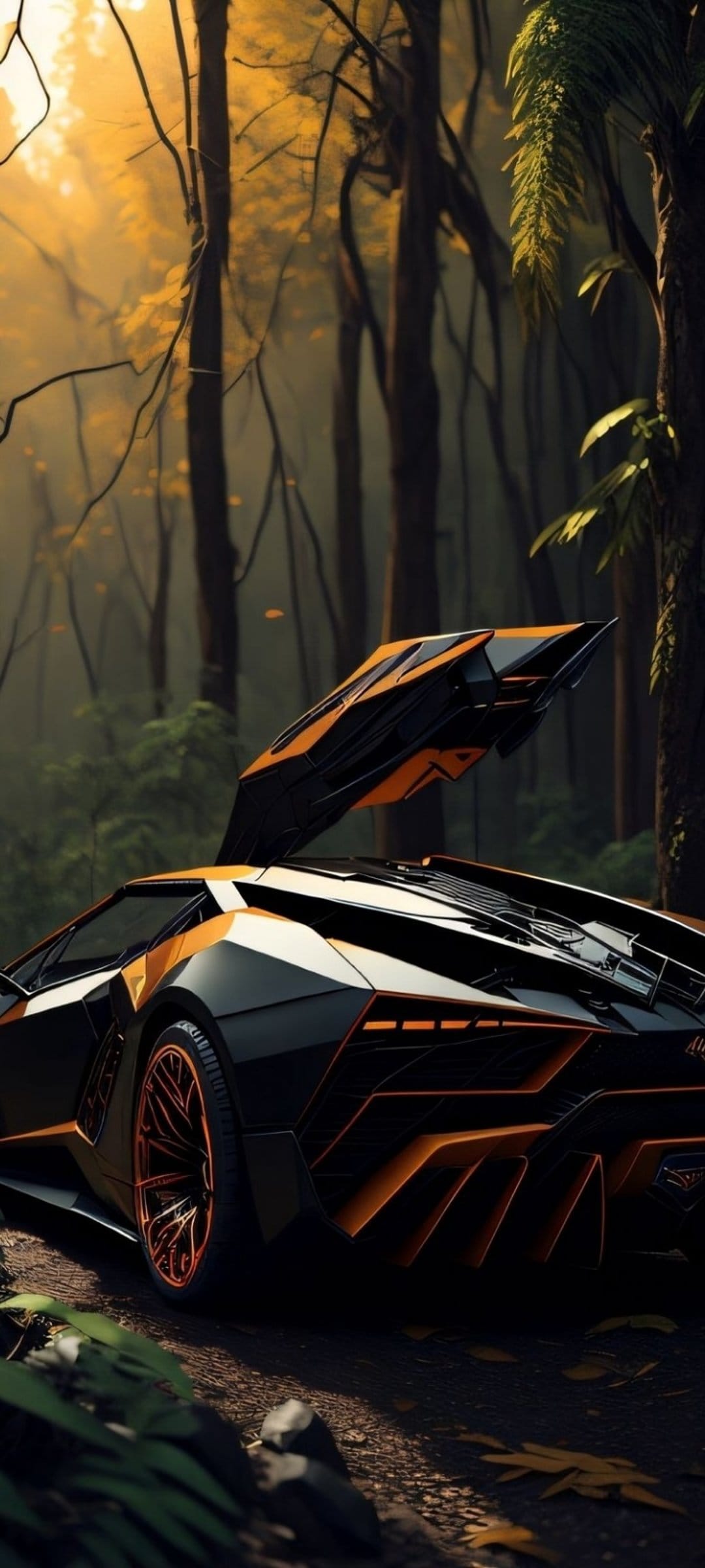 Orange and black supercar with scissor doors open on a woodland path surrounded by vibrant autumn trees.