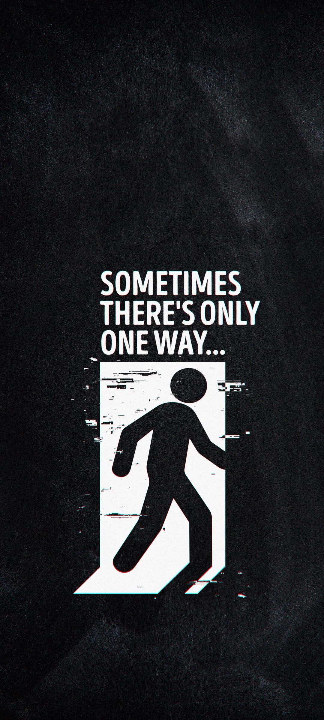 Stick figure walking into a glitchy white rectangle portal on a black background with chromatic aberration.