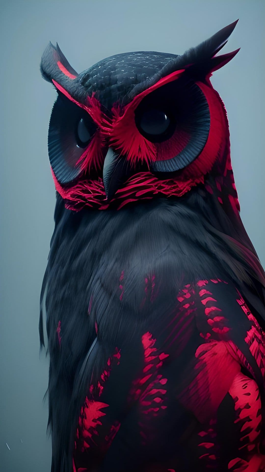 Black and red owl stares forward with dark eyes, showing detailed ebony and crimson feathers against a dark blur.